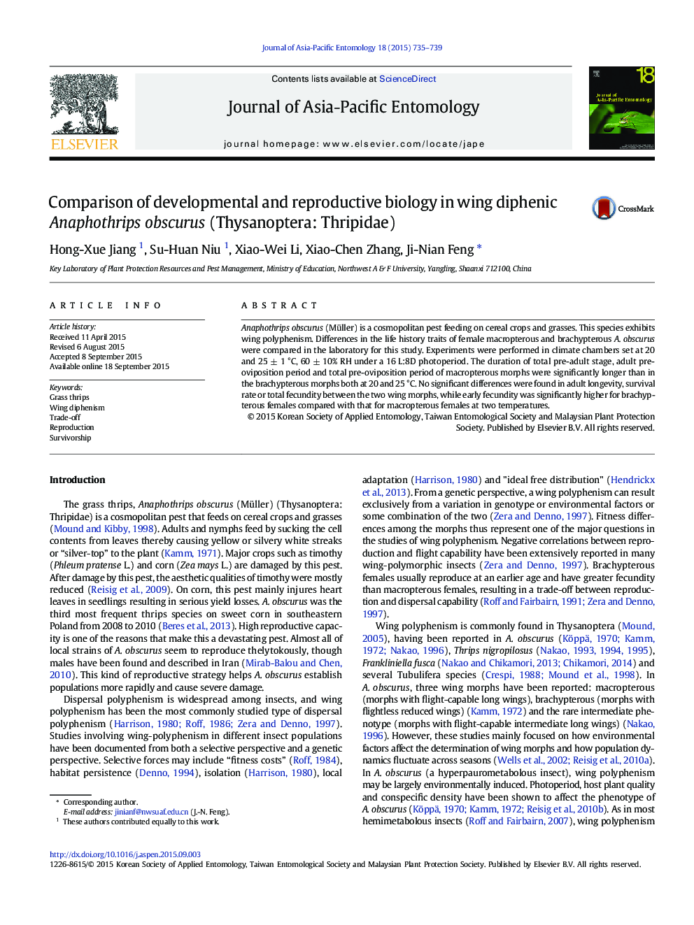 Comparison of developmental and reproductive biology in wing diphenic Anaphothrips obscurus (Thysanoptera: Thripidae)