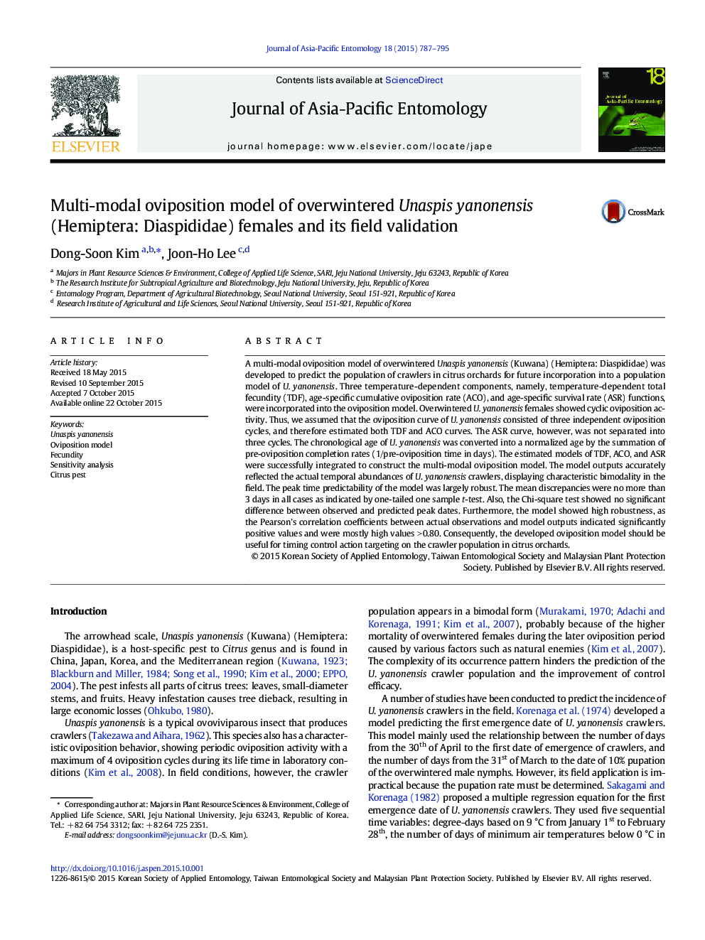 Multi-modal oviposition model of overwintered Unaspis yanonensis (Hemiptera: Diaspididae) females and its field validation