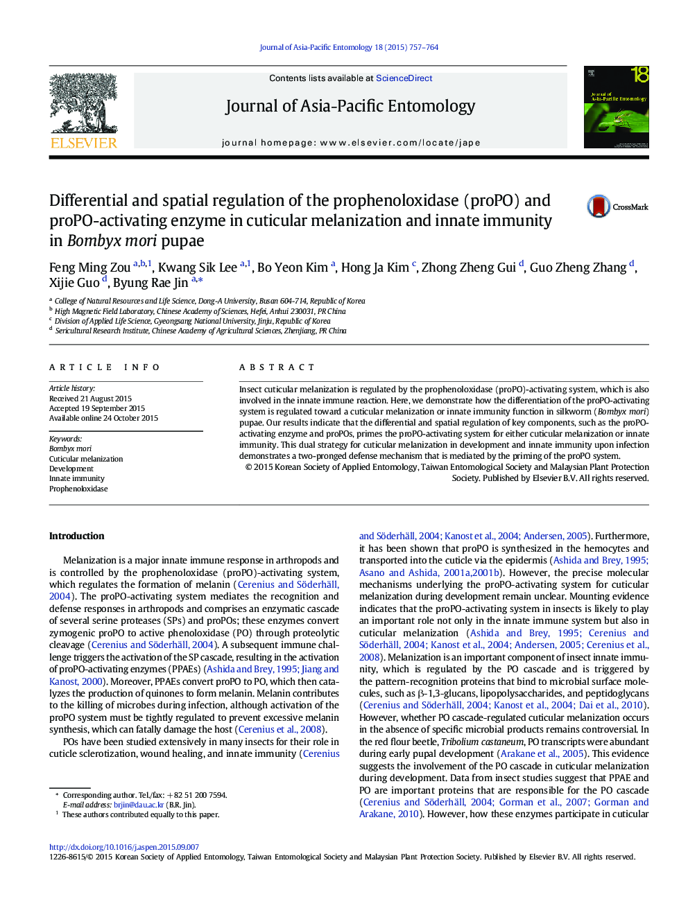 Differential and spatial regulation of the prophenoloxidase (proPO) and proPO-activating enzyme in cuticular melanization and innate immunity in Bombyx mori pupae