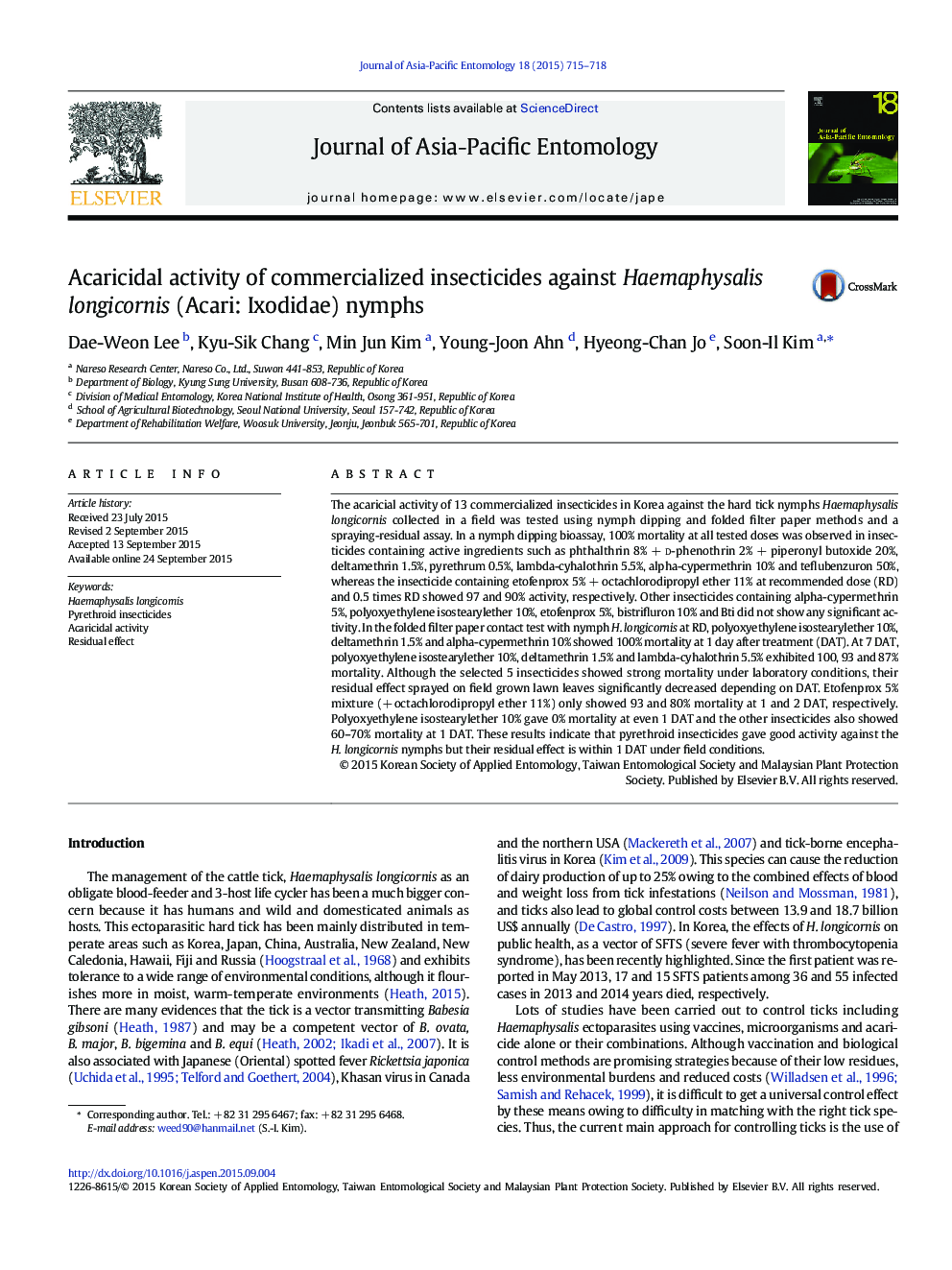 Acaricidal activity of commercialized insecticides against Haemaphysalis longicornis (Acari: Ixodidae) nymphs
