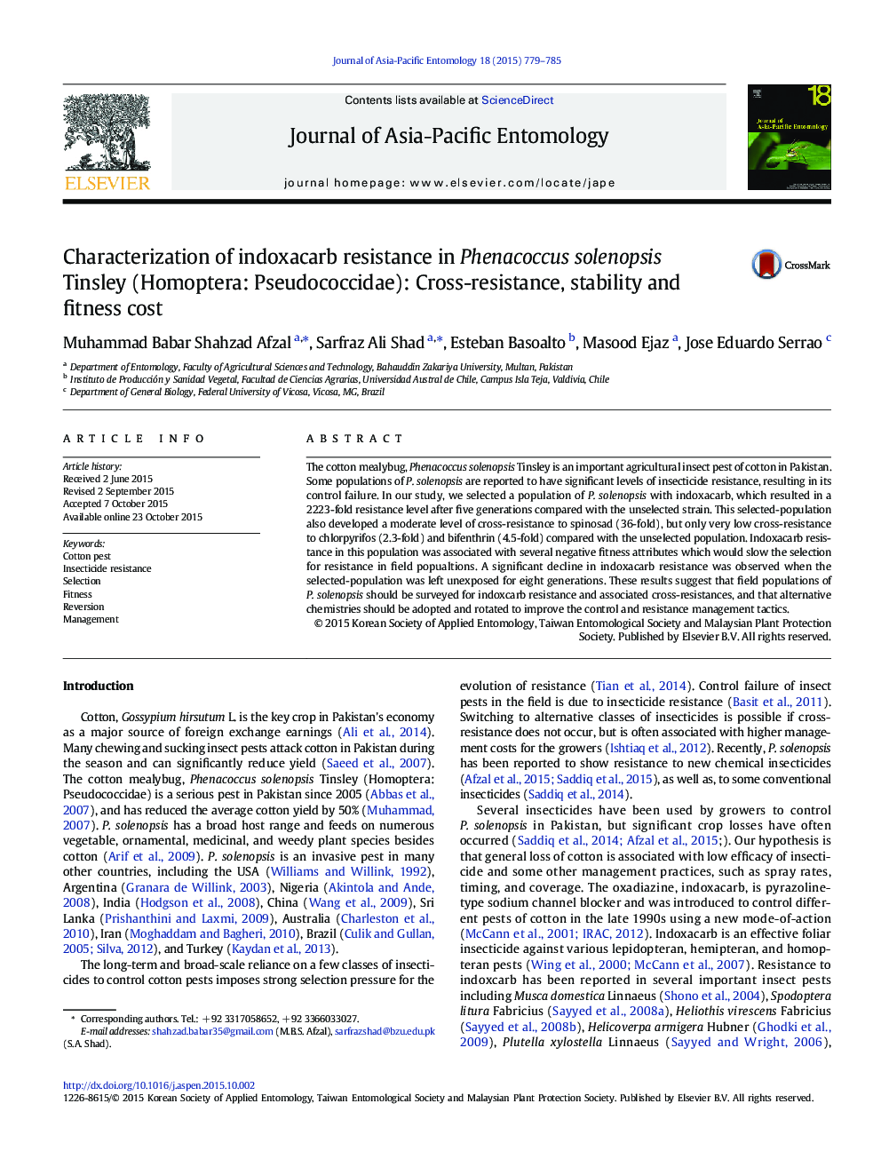 Characterization of indoxacarb resistance in Phenacoccus solenopsis Tinsley (Homoptera: Pseudococcidae): Cross-resistance, stability and fitness cost