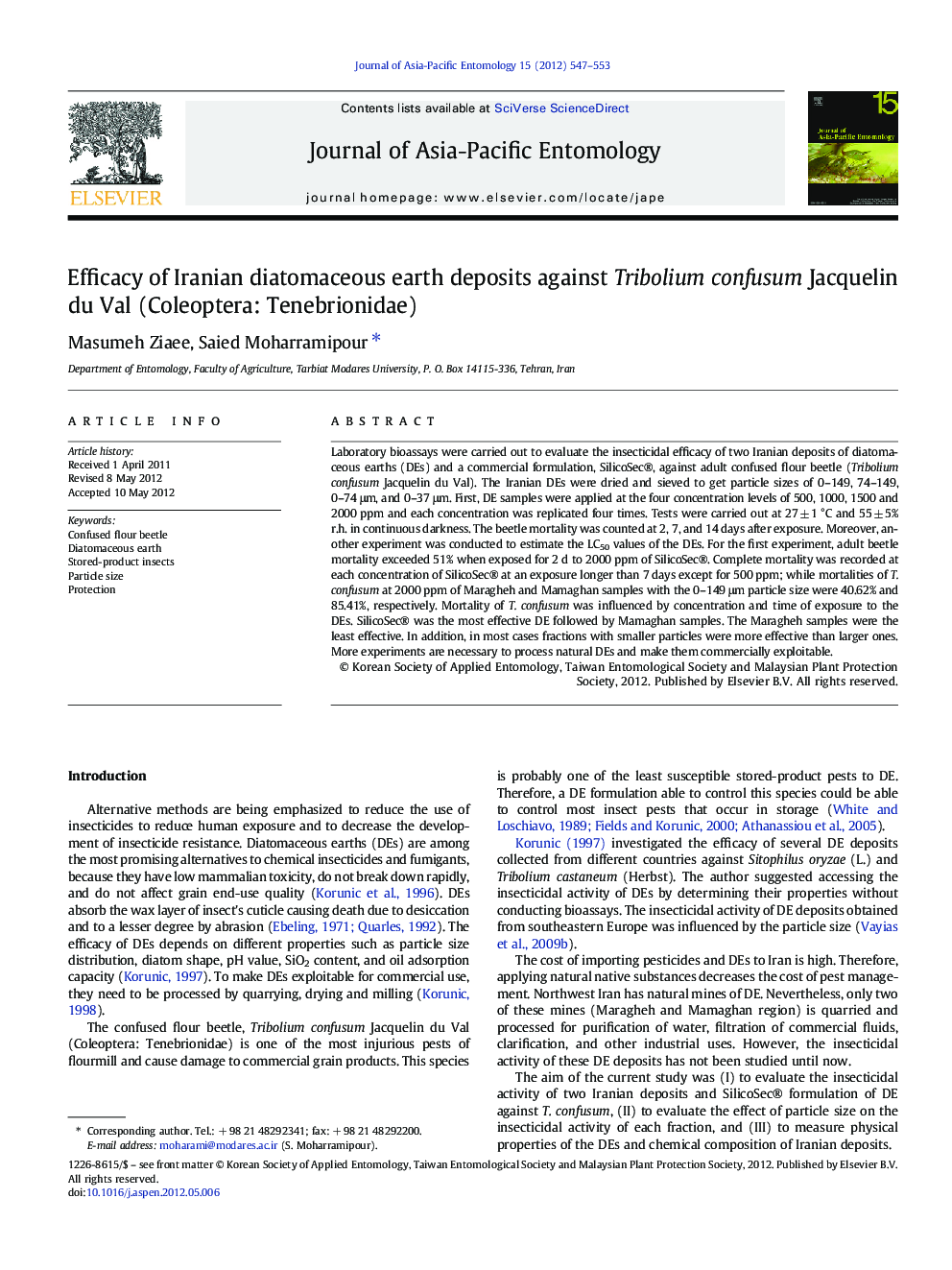 Efficacy of Iranian diatomaceous earth deposits against Tribolium confusum Jacquelin du Val (Coleoptera: Tenebrionidae)