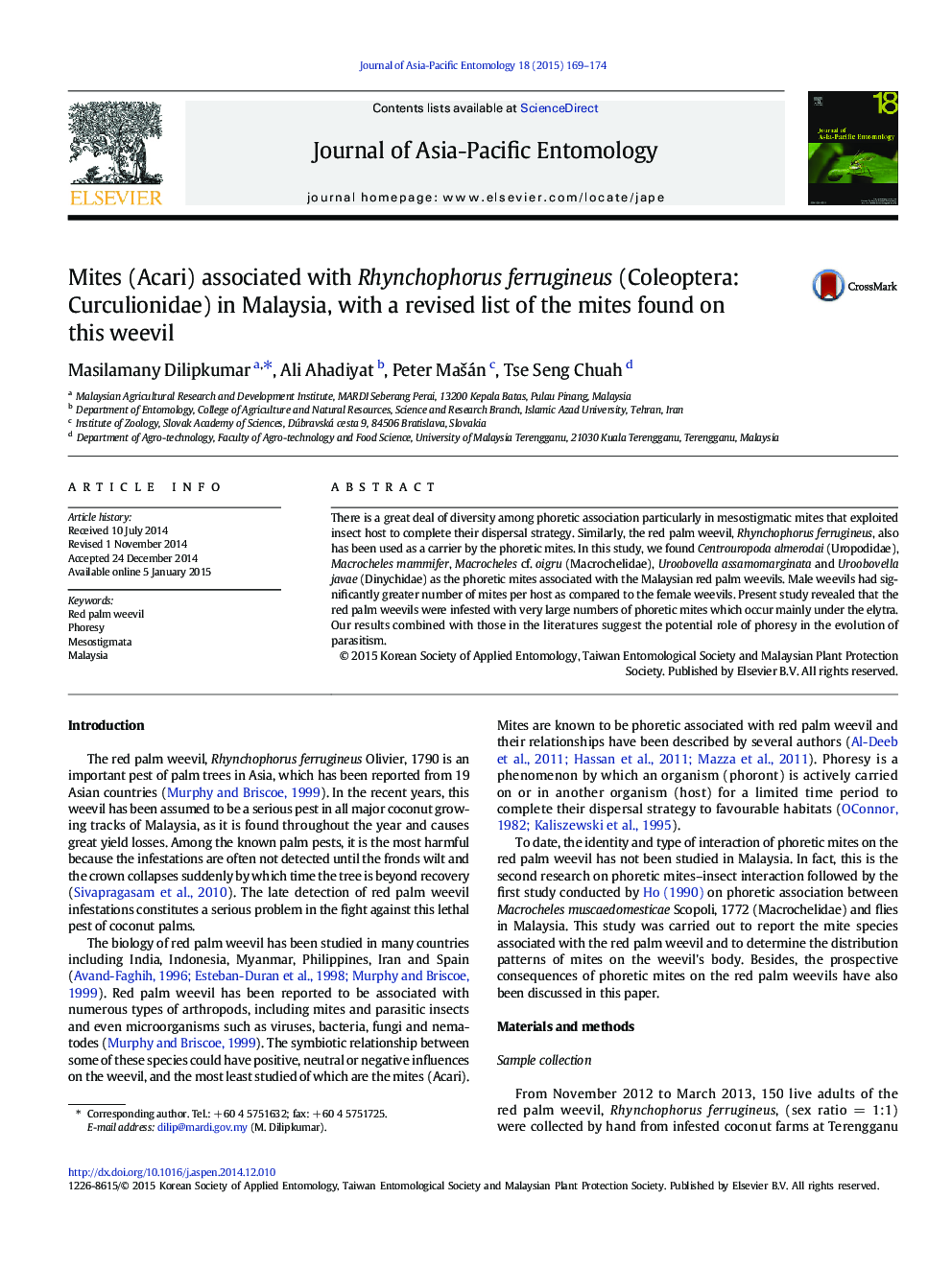 Mites (Acari) associated with Rhynchophorus ferrugineus (Coleoptera: Curculionidae) in Malaysia, with a revised list of the mites found on this weevil