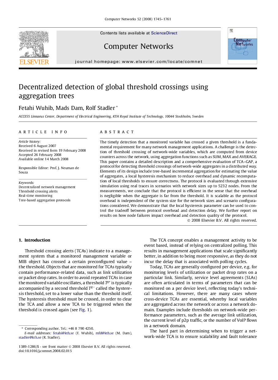 Decentralized detection of global threshold crossings using aggregation trees