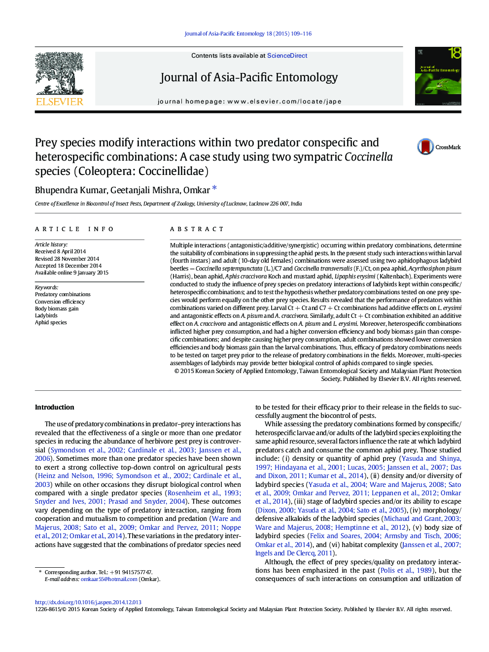 Prey species modify interactions within two predator conspecific and heterospecific combinations: A case study using two sympatric Coccinella species (Coleoptera: Coccinellidae)