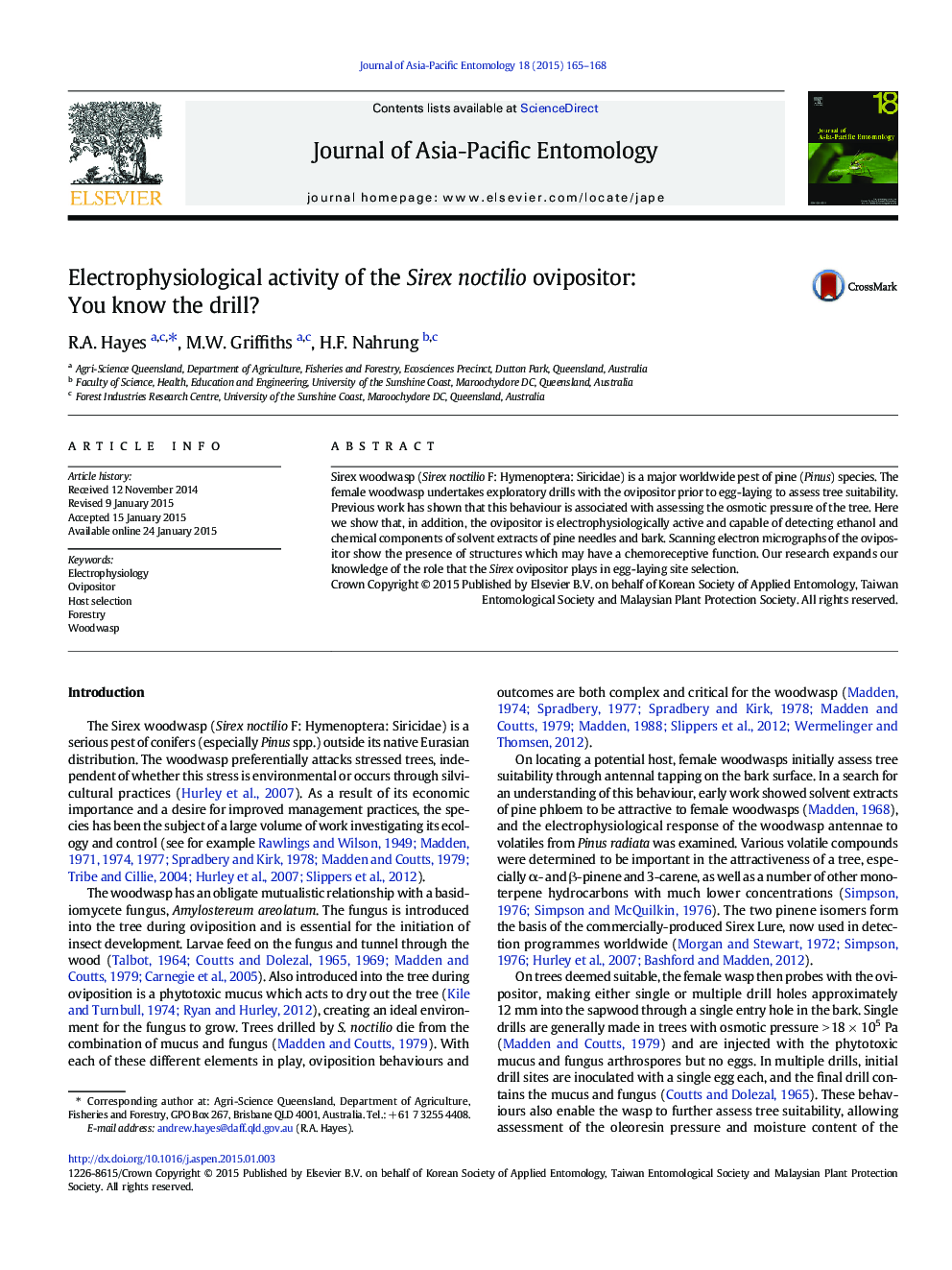 Electrophysiological activity of the Sirex noctilio ovipositor: You know the drill?