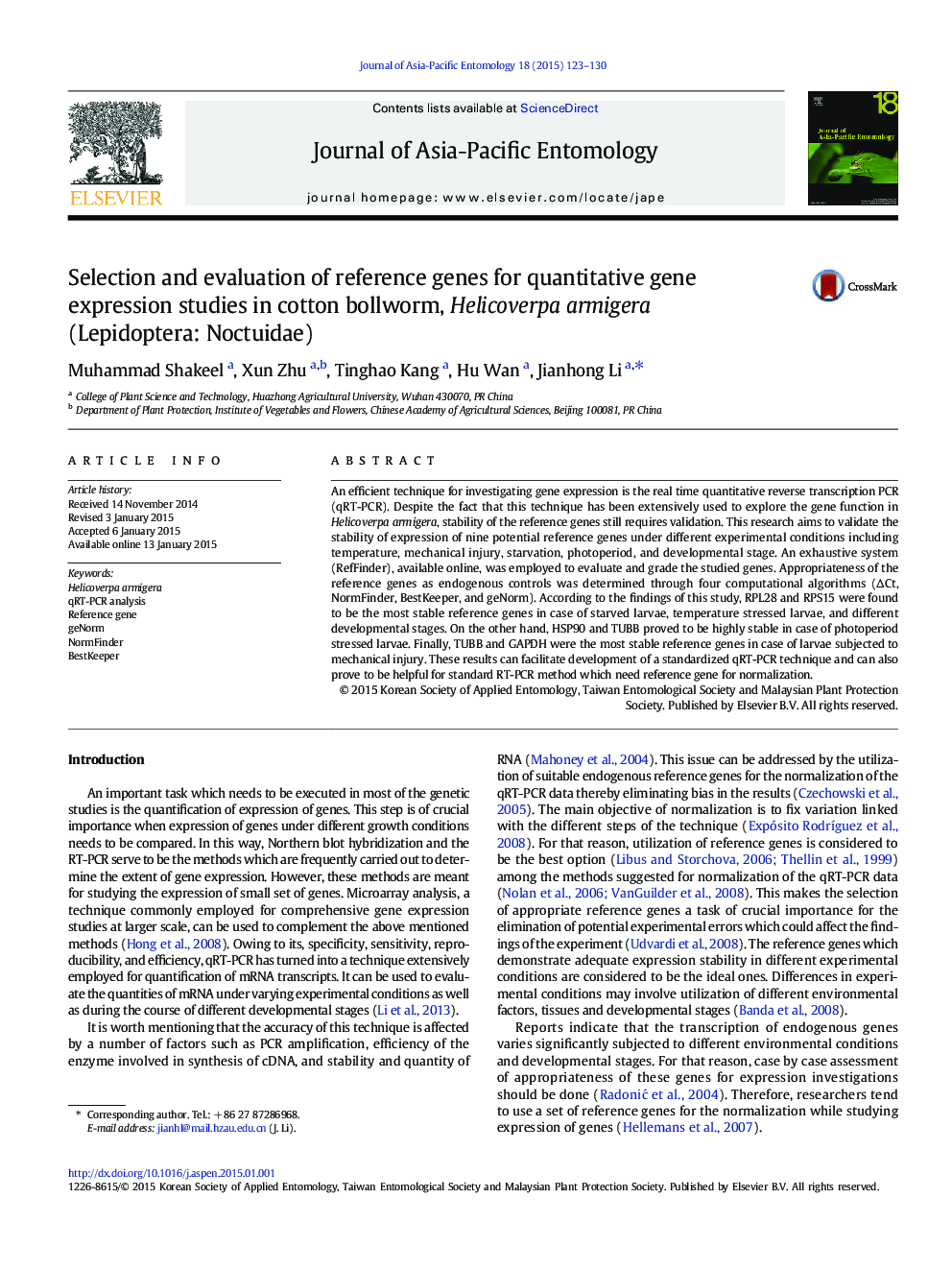 Selection and evaluation of reference genes for quantitative gene expression studies in cotton bollworm, Helicoverpa armigera (Lepidoptera: Noctuidae)