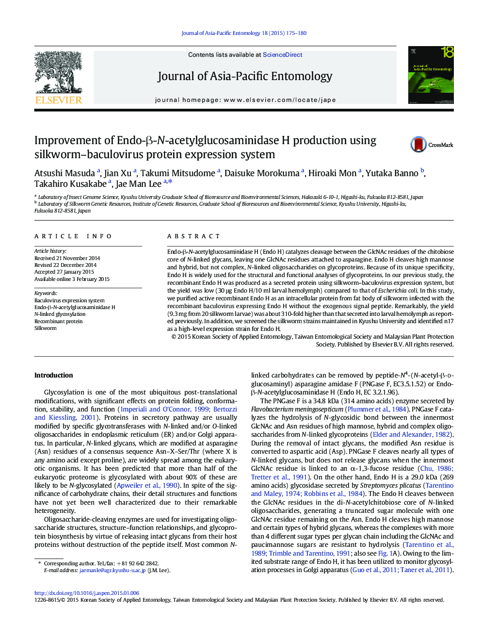 Improvement of Endo-Î²-N-acetylglucosaminidase H production using silkworm-baculovirus protein expression system