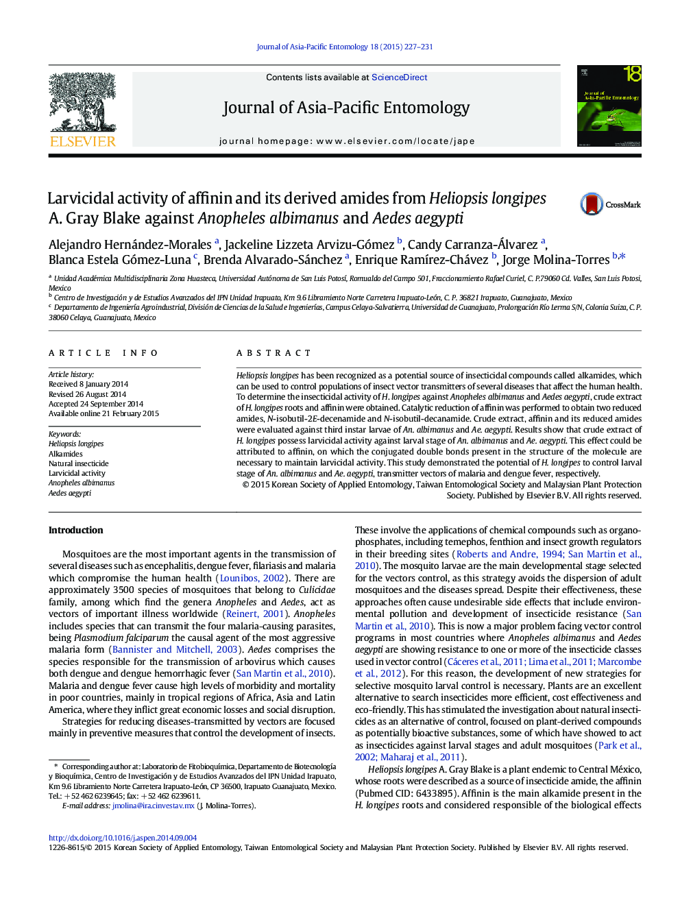 Larvicidal activity of affinin and its derived amides from Heliopsis longipes A. Gray Blake against Anopheles albimanus and Aedes aegypti