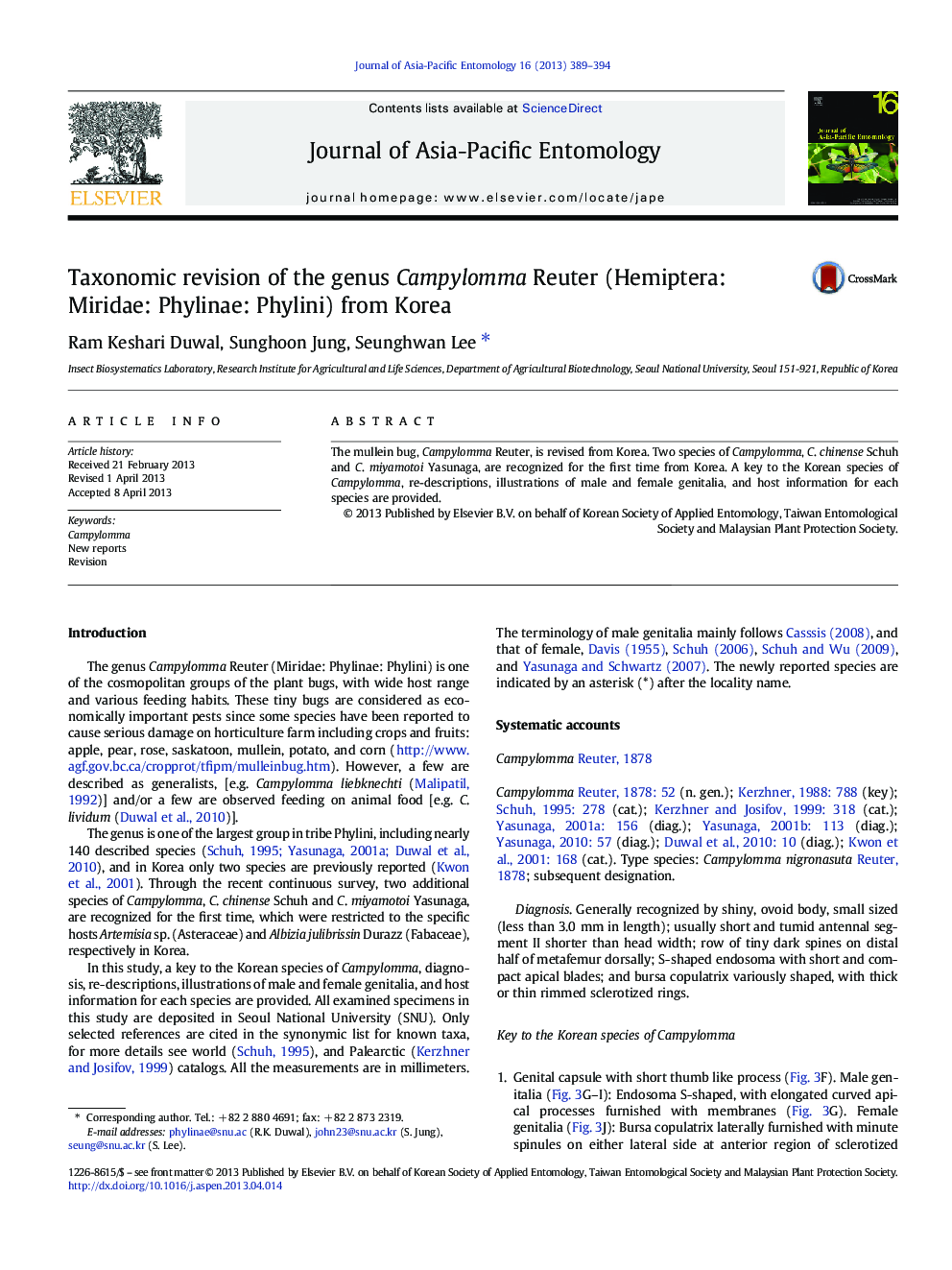 Taxonomic revision of the genus Campylomma Reuter (Hemiptera: Miridae: Phylinae: Phylini) from Korea