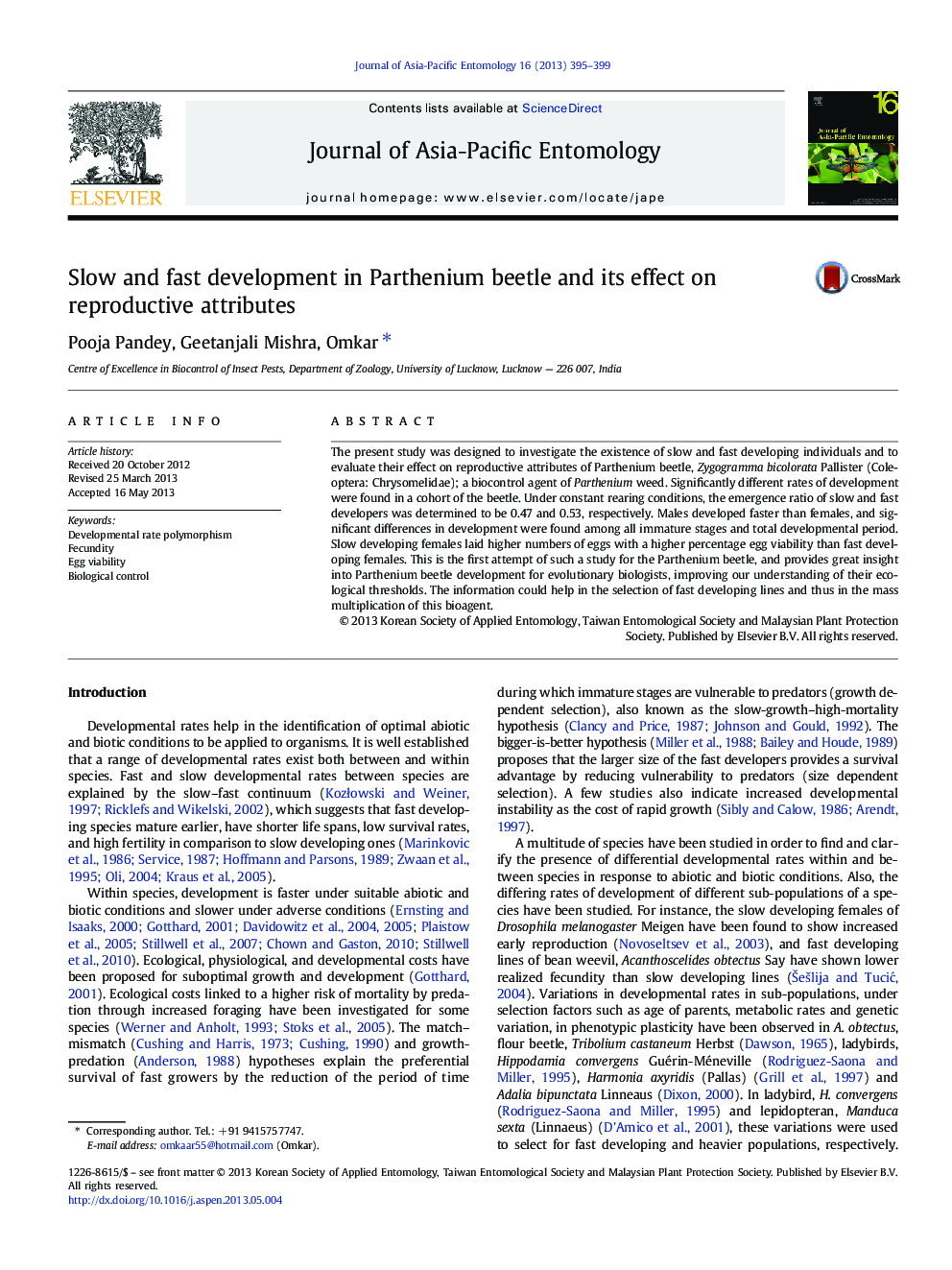 Slow and fast development in Parthenium beetle and its effect on reproductive attributes