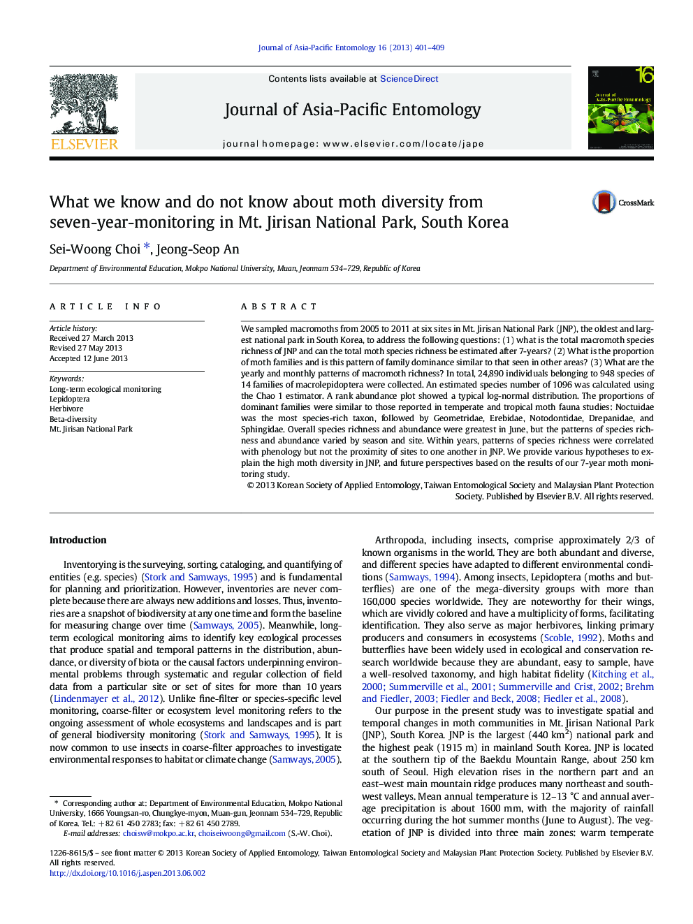 What we know and do not know about moth diversity from seven-year-monitoring in Mt. Jirisan National Park, South Korea