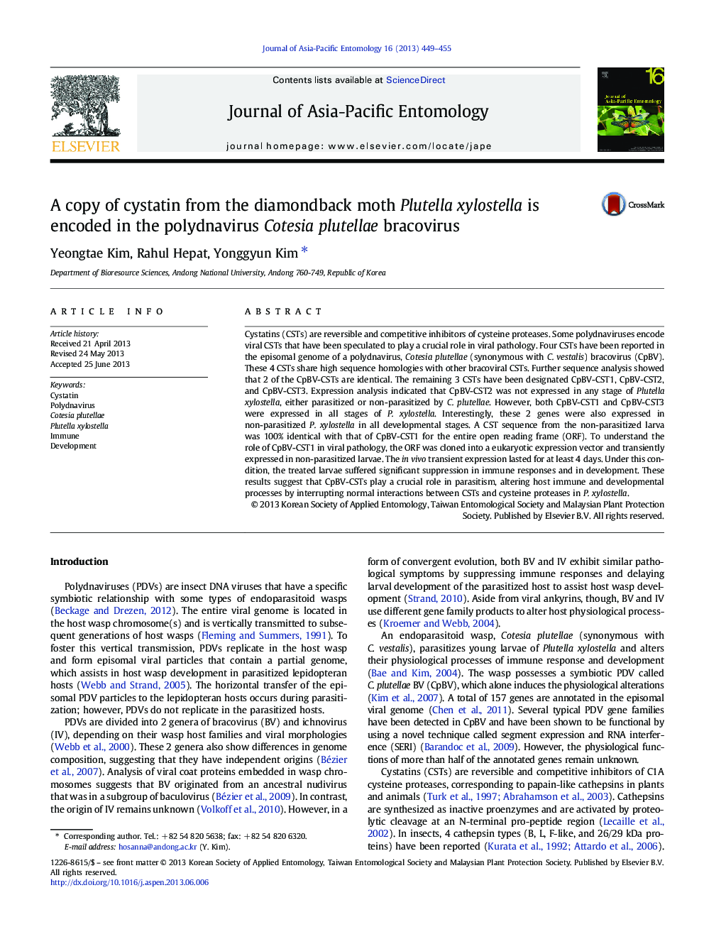 A copy of cystatin from the diamondback moth Plutella xylostella is encoded in the polydnavirus Cotesia plutellae bracovirus