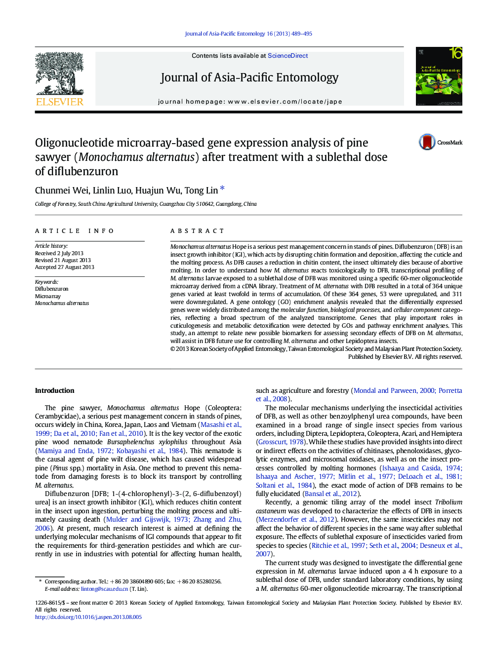 Oligonucleotide microarray-based gene expression analysis of pine sawyer (Monochamus alternatus) after treatment with a sublethal dose of diflubenzuron