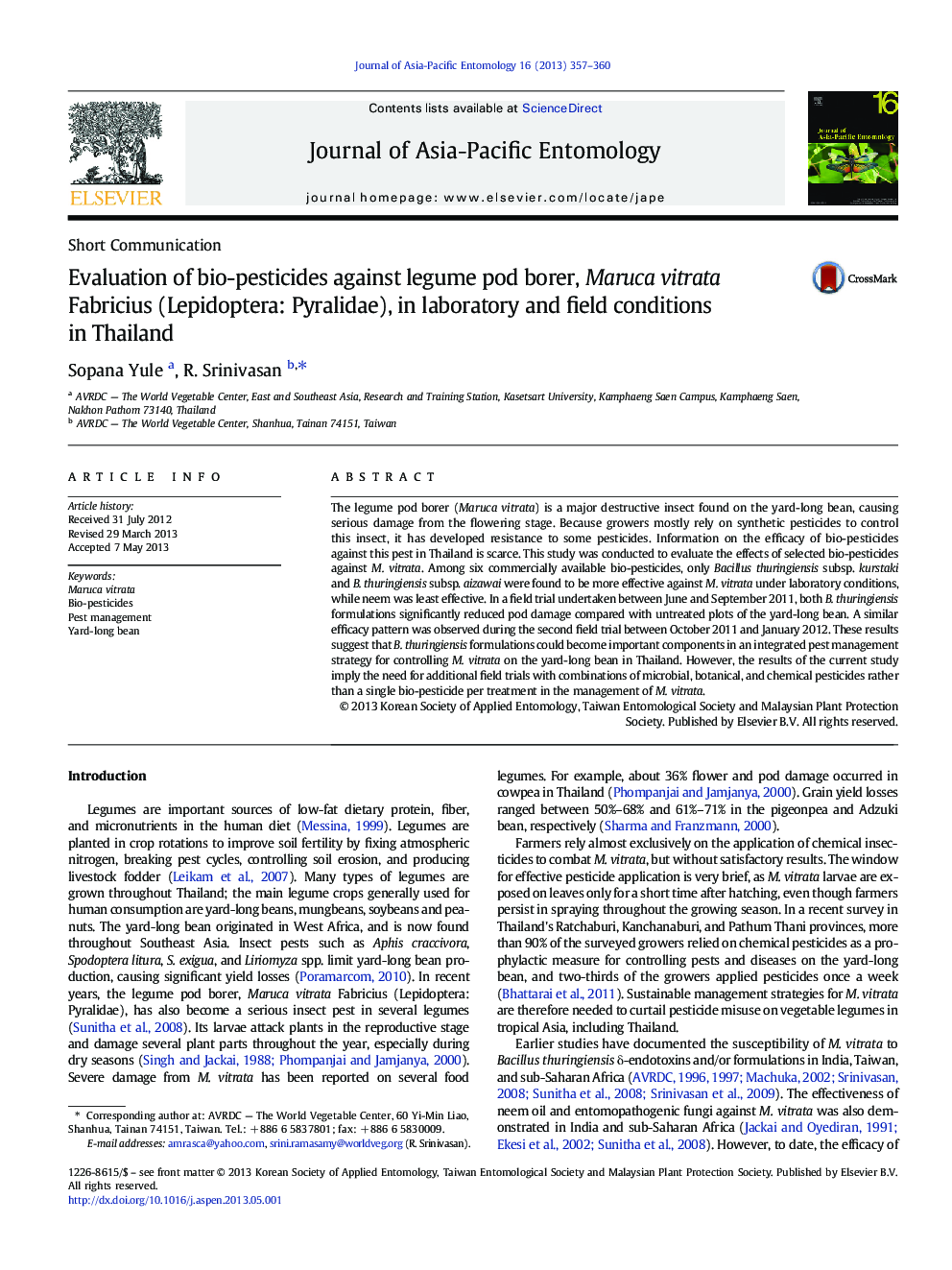 Evaluation of bio-pesticides against legume pod borer, Maruca vitrata Fabricius (Lepidoptera: Pyralidae), in laboratory and field conditions in Thailand