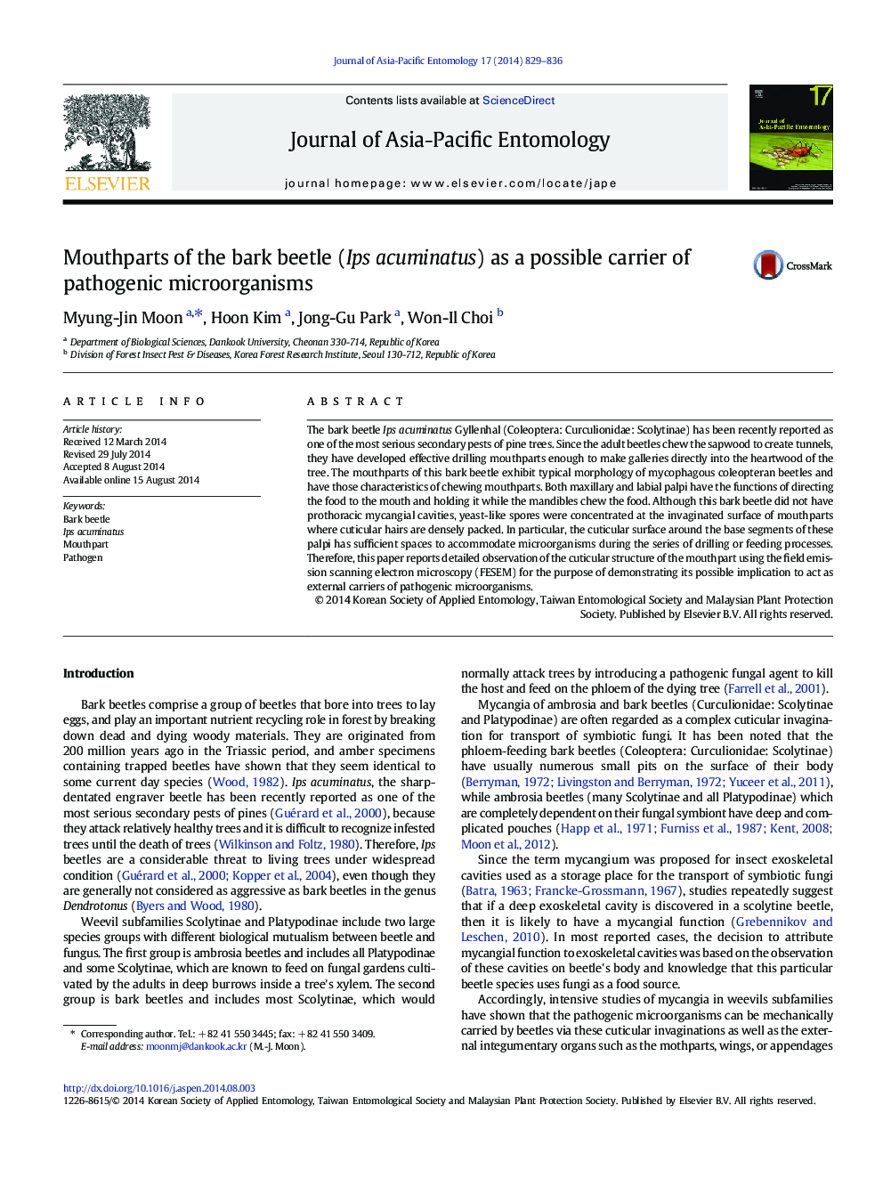 Mouthparts of the bark beetle (Ips acuminatus) as a possible carrier of pathogenic microorganisms