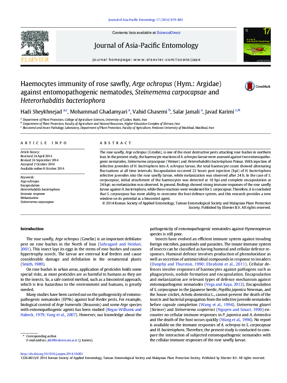 Haemocytes immunity of rose sawfly, Arge ochropus (Hym.: Argidae) against entomopathogenic nematodes, Steinernema carpocapsae and Heterorhabditis bacteriophora