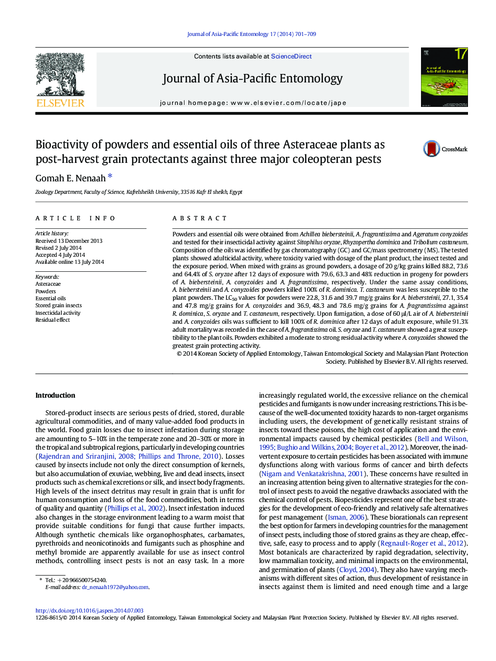 Bioactivity of powders and essential oils of three Asteraceae plants as post-harvest grain protectants against three major coleopteran pests
