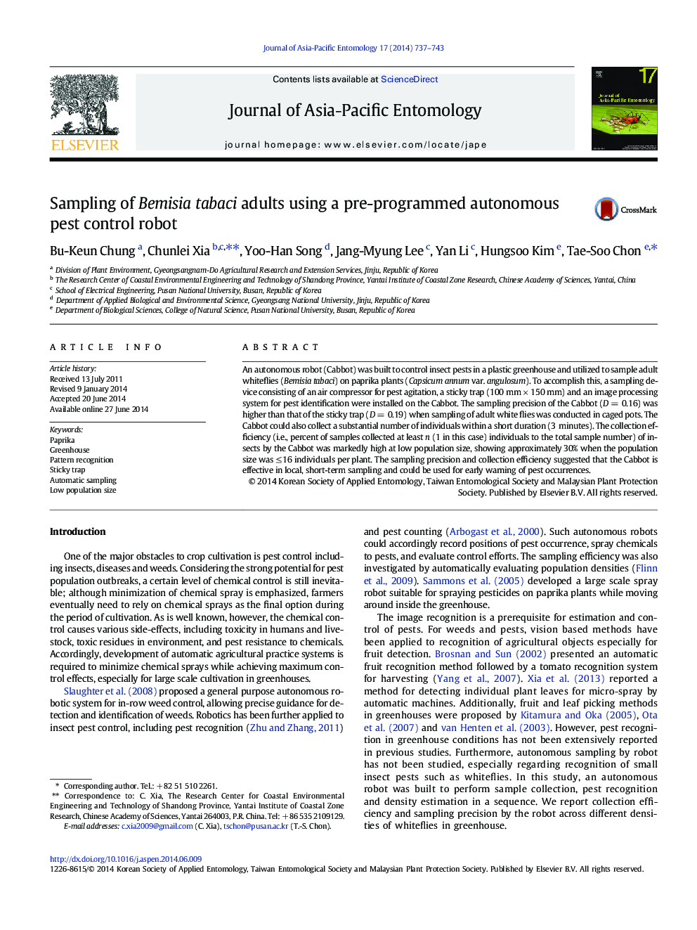 Sampling of Bemisia tabaci adults using a pre-programmed autonomous pest control robot