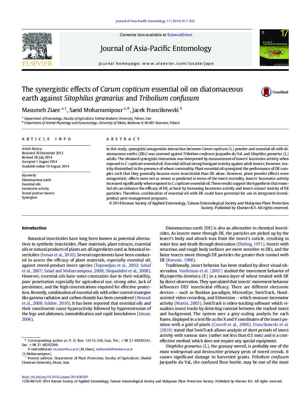 The synergistic effects of Carum copticum essential oil on diatomaceous earth against Sitophilus granarius and Tribolium confusum