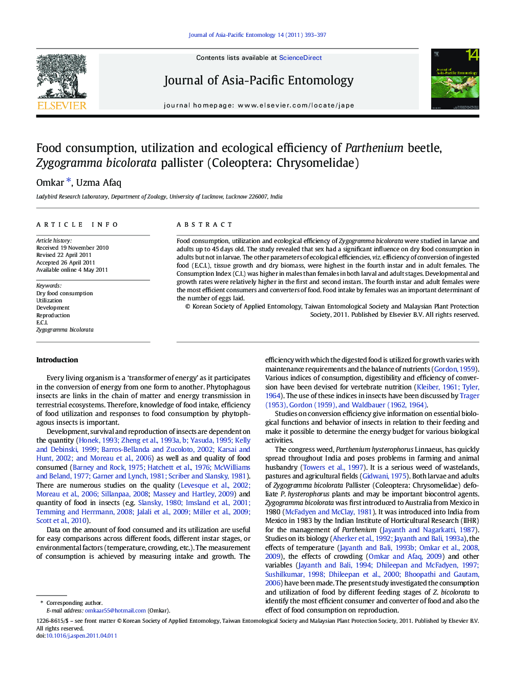 Food consumption, utilization and ecological efficiency of Parthenium beetle, Zygogramma bicolorata pallister (Coleoptera: Chrysomelidae)