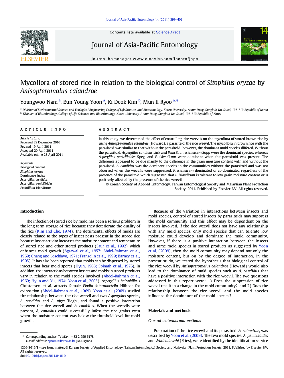 Mycoflora of stored rice in relation to the biological control of Sitophilus oryzae by Anisopteromalus calandrae