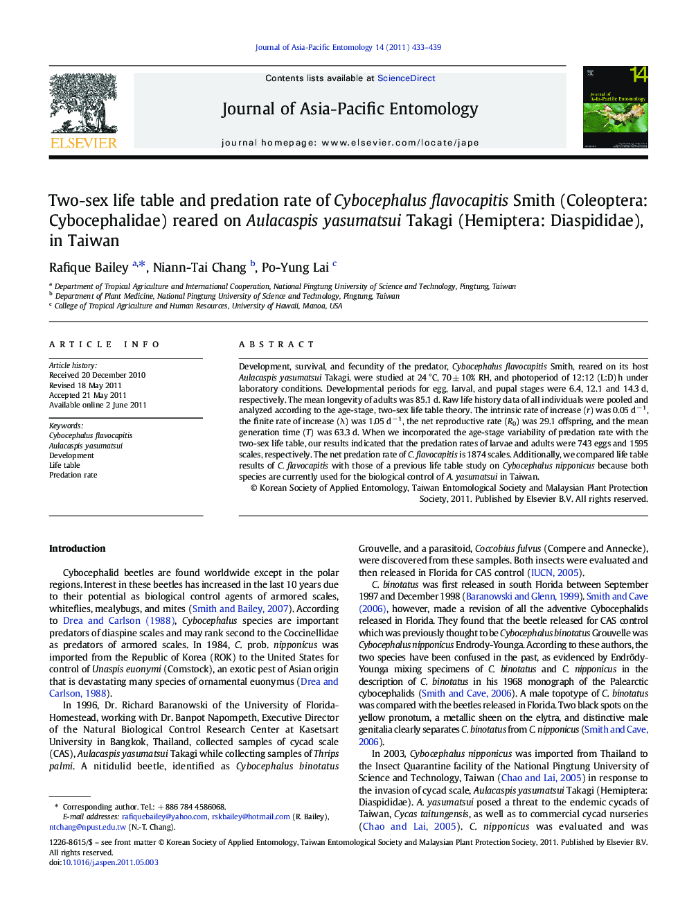 Two-sex life table and predation rate of Cybocephalus flavocapitis Smith (Coleoptera: Cybocephalidae) reared on Aulacaspis yasumatsui Takagi (Hemiptera: Diaspididae), in Taiwan