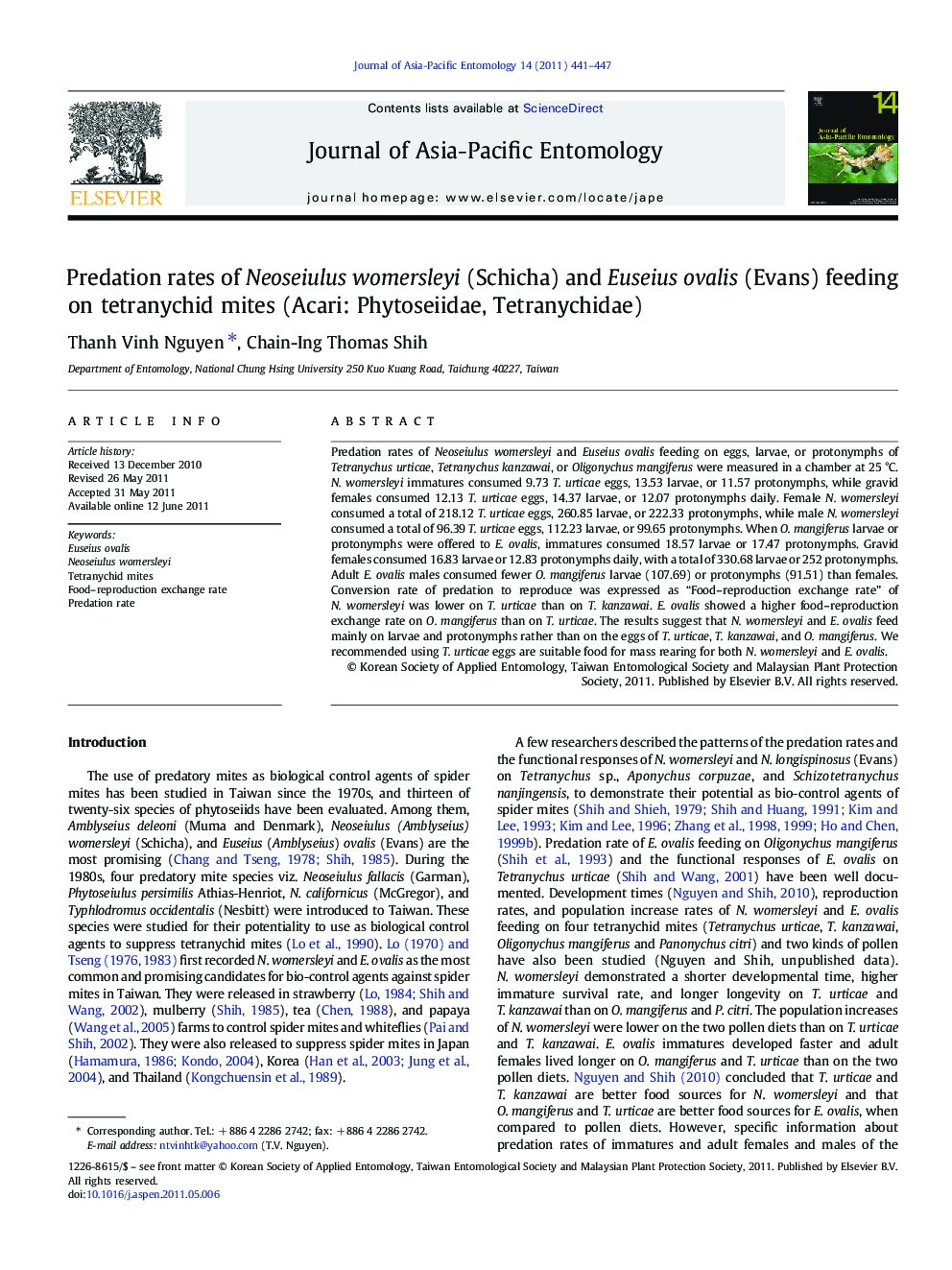 Predation rates of Neoseiulus womersleyi (Schicha) and Euseius ovalis (Evans) feeding on tetranychid mites (Acari: Phytoseiidae, Tetranychidae)