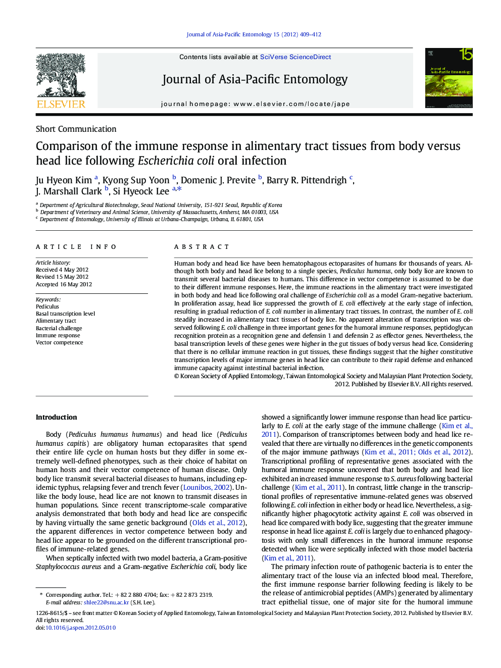 Comparison of the immune response in alimentary tract tissues from body versus head lice following Escherichia coli oral infection