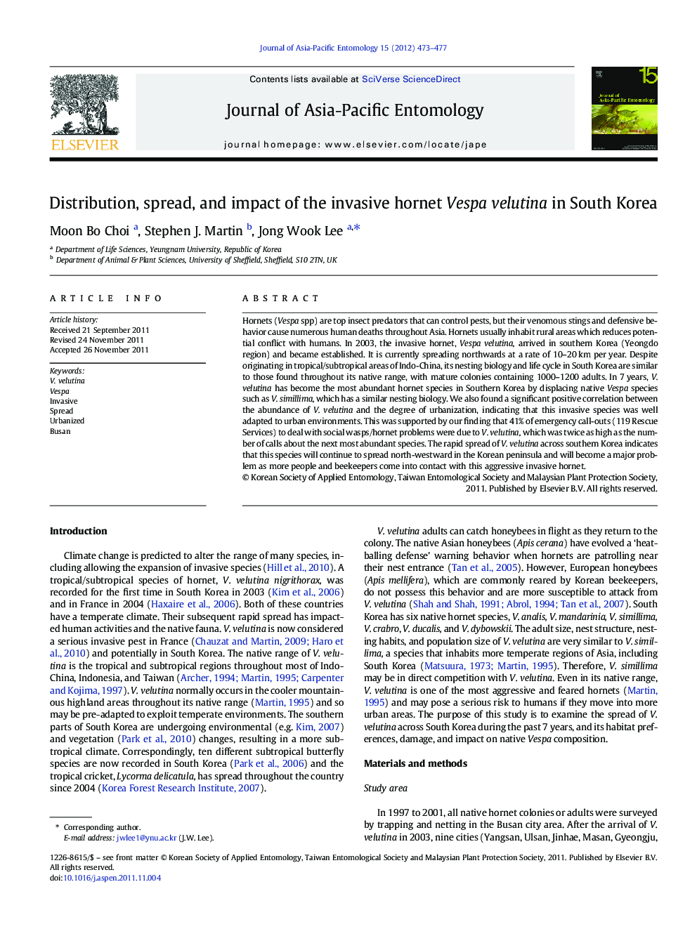 Distribution, spread, and impact of the invasive hornet Vespa velutina in South Korea