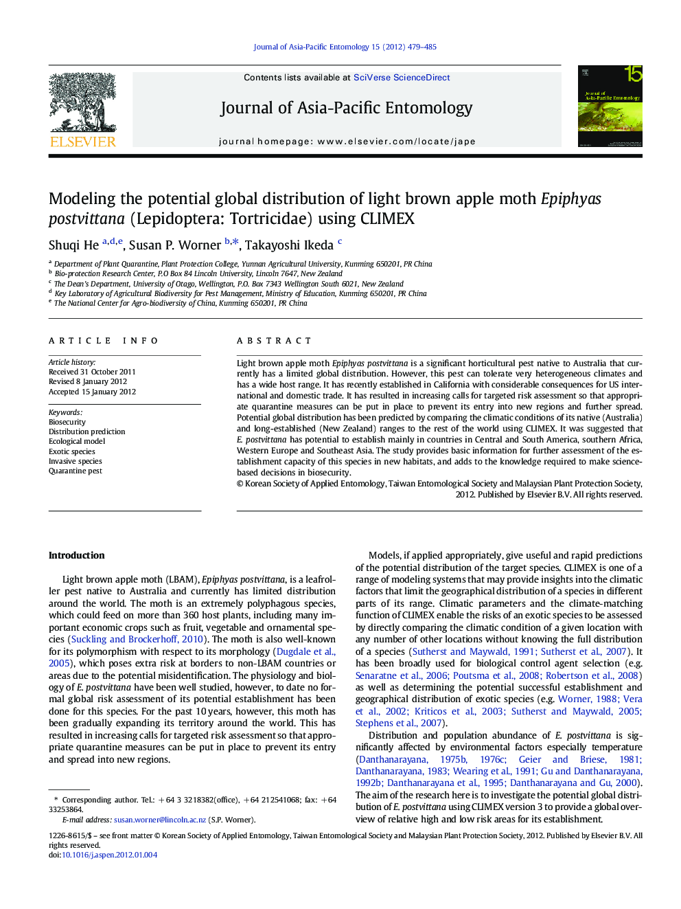 Modeling the potential global distribution of light brown apple moth Epiphyas postvittana (Lepidoptera: Tortricidae) using CLIMEX