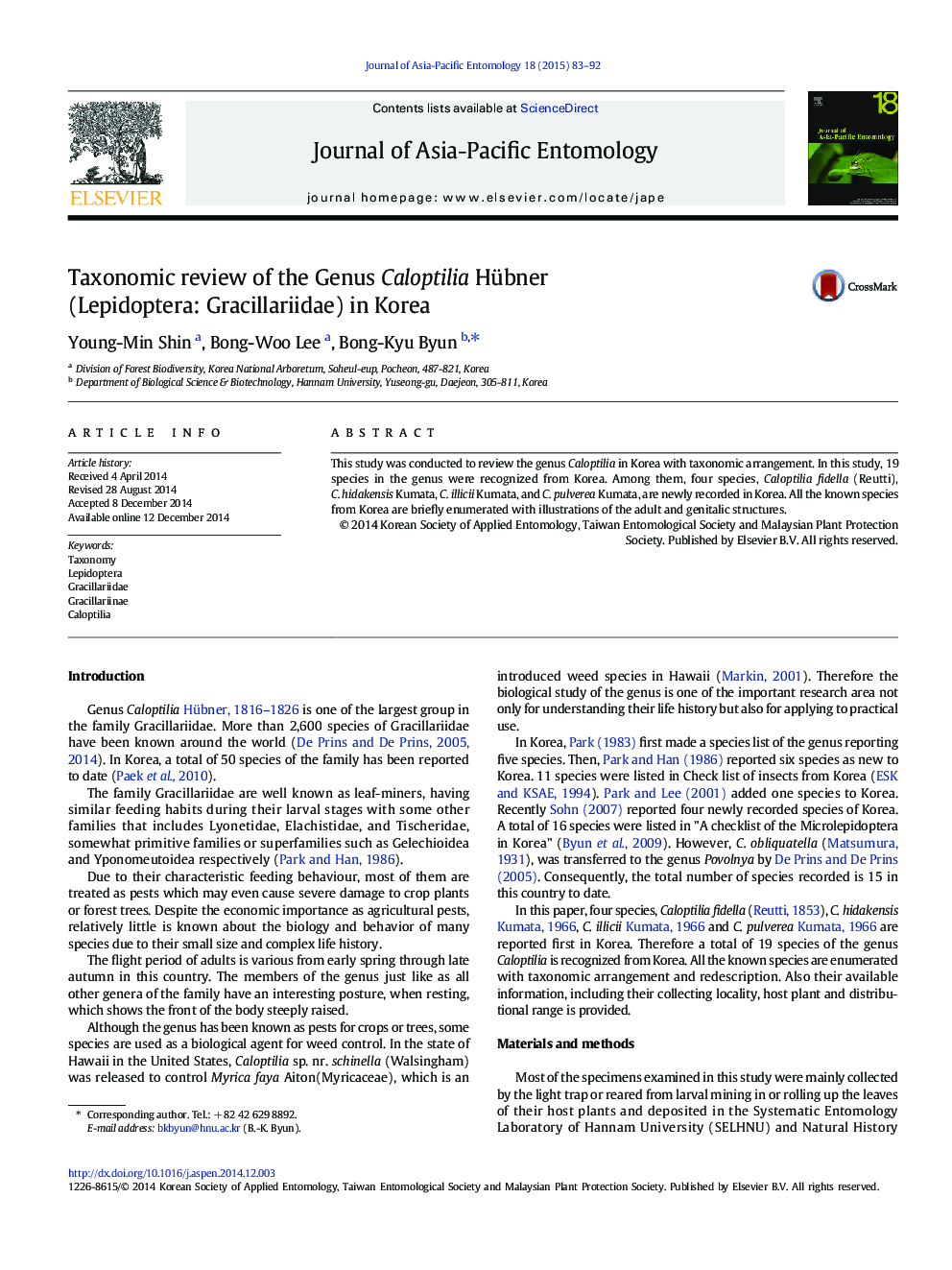 Taxonomic review of the Genus Caloptilia Hübner (Lepidoptera: Gracillariidae) in Korea