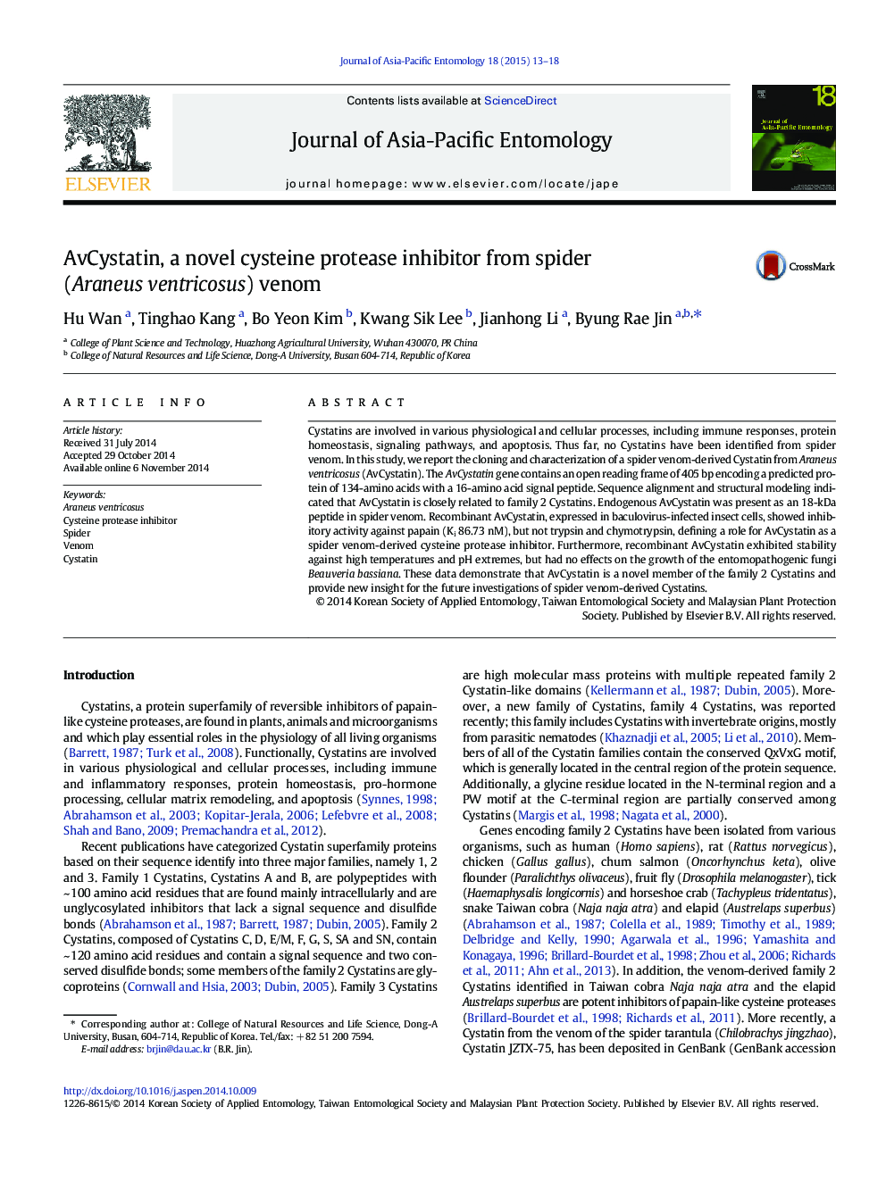 AvCystatin, a novel cysteine protease inhibitor from spider (Araneus ventricosus) venom