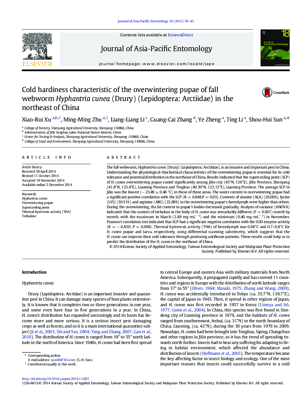 Cold hardiness characteristic of the overwintering pupae of fall webworm Hyphantria cunea (Drury) (Lepidoptera: Arctiidae) in the northeast of China