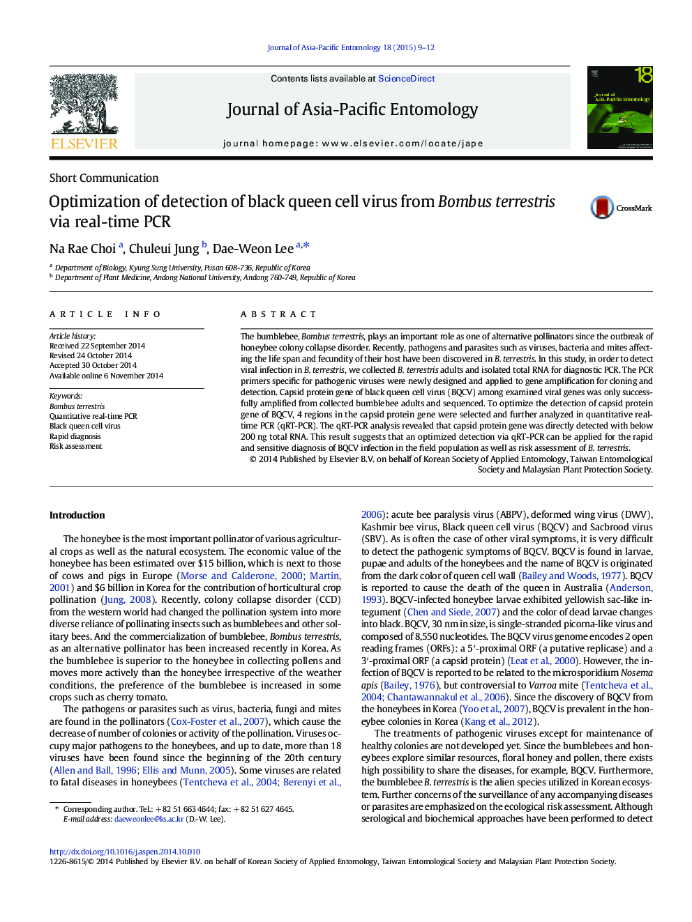 Optimization of detection of black queen cell virus from Bombus terrestris via real-time PCR