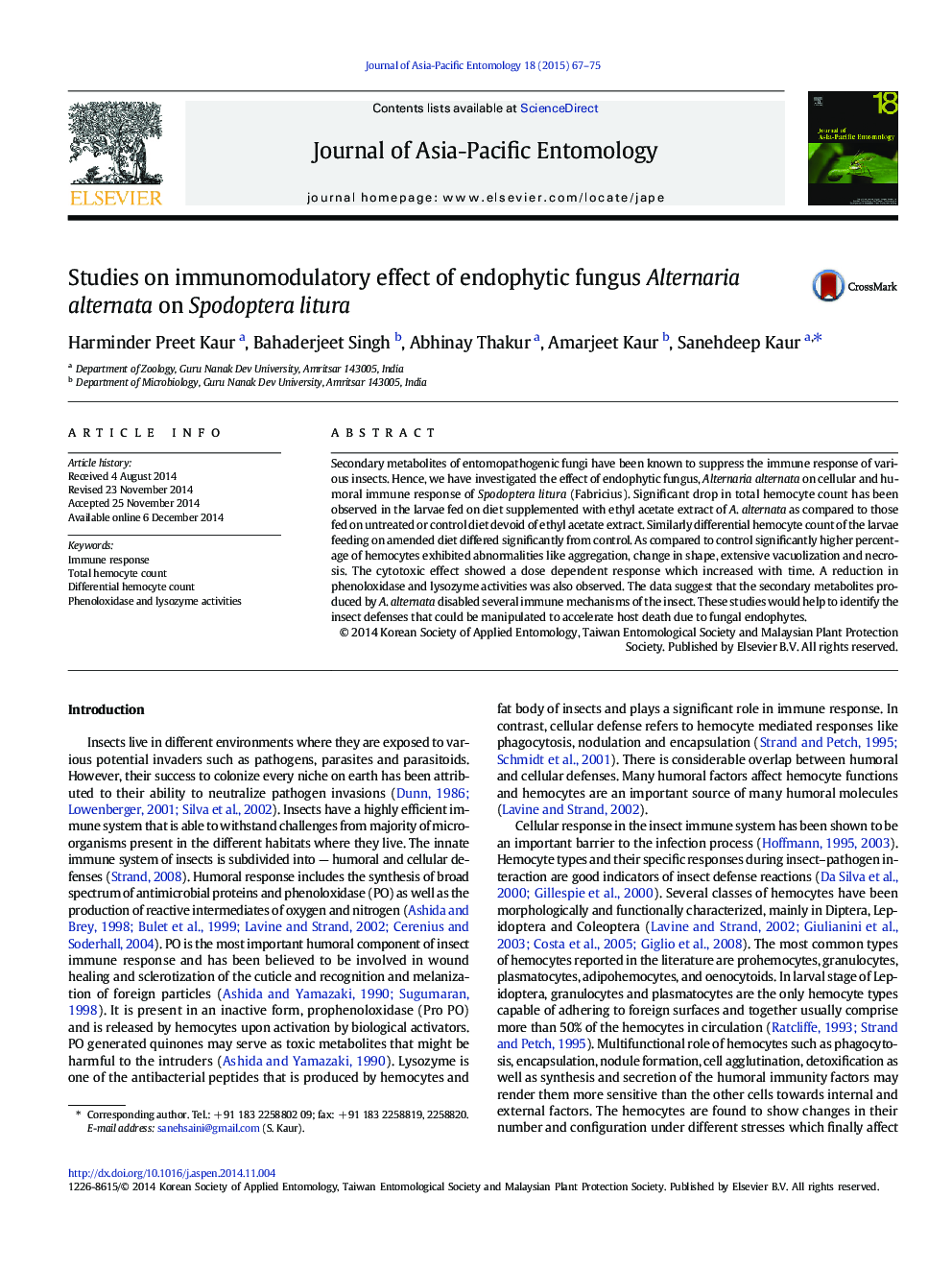 Studies on immunomodulatory effect of endophytic fungus Alternaria alternata on Spodoptera litura