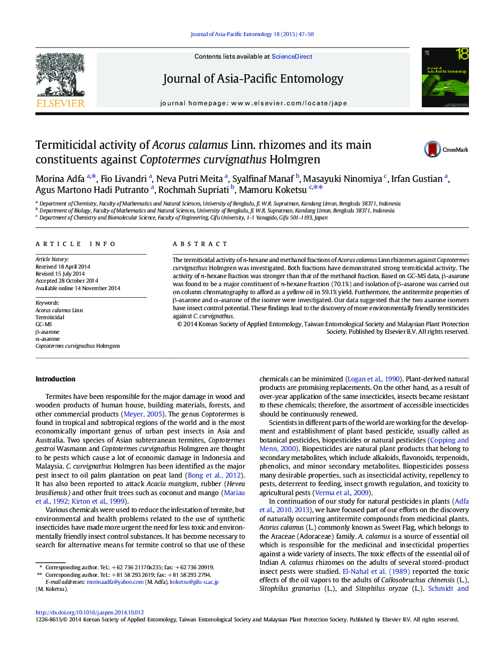 Termiticidal activity of Acorus calamus Linn. rhizomes and its main constituents against Coptotermes curvignathus Holmgren