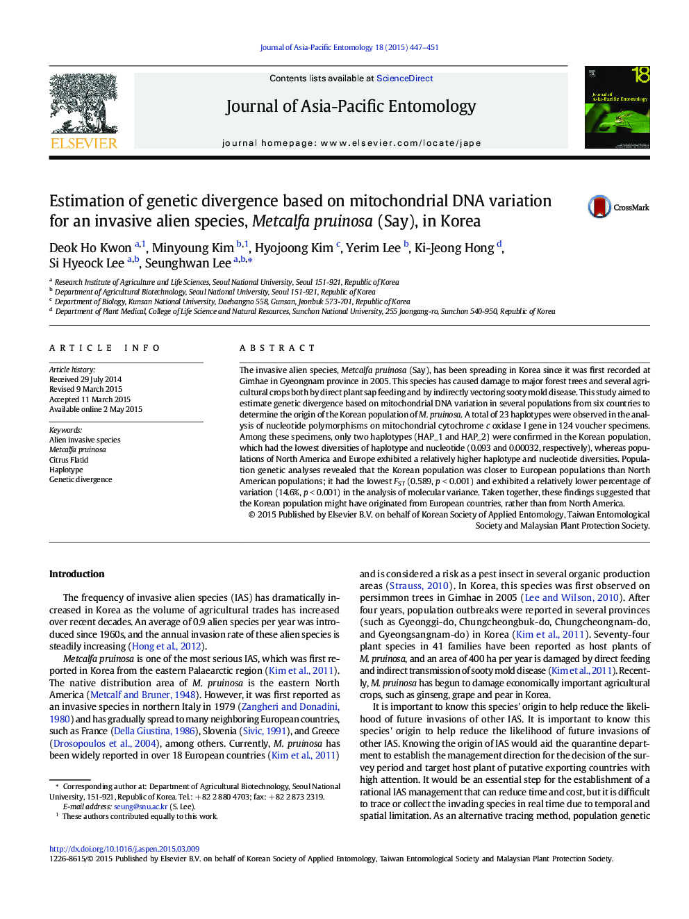 Estimation of genetic divergence based on mitochondrial DNA variation for an invasive alien species, Metcalfa pruinosa (Say), in Korea