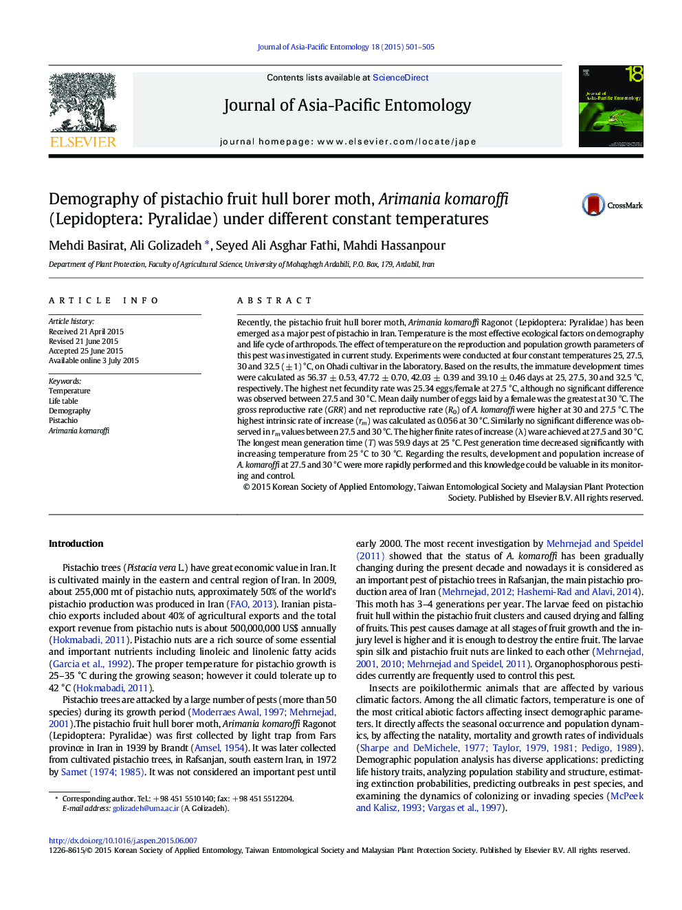 Demography of pistachio fruit hull borer moth, Arimania komaroffi (Lepidoptera: Pyralidae) under different constant temperatures