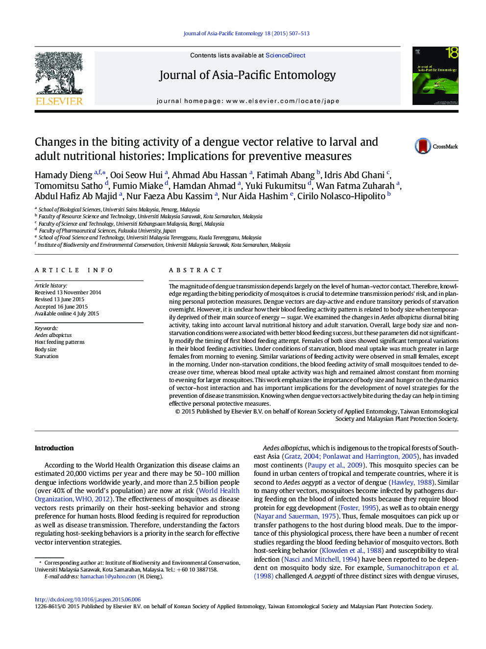 Changes in the biting activity of a dengue vector relative to larval and adult nutritional histories: Implications for preventive measures