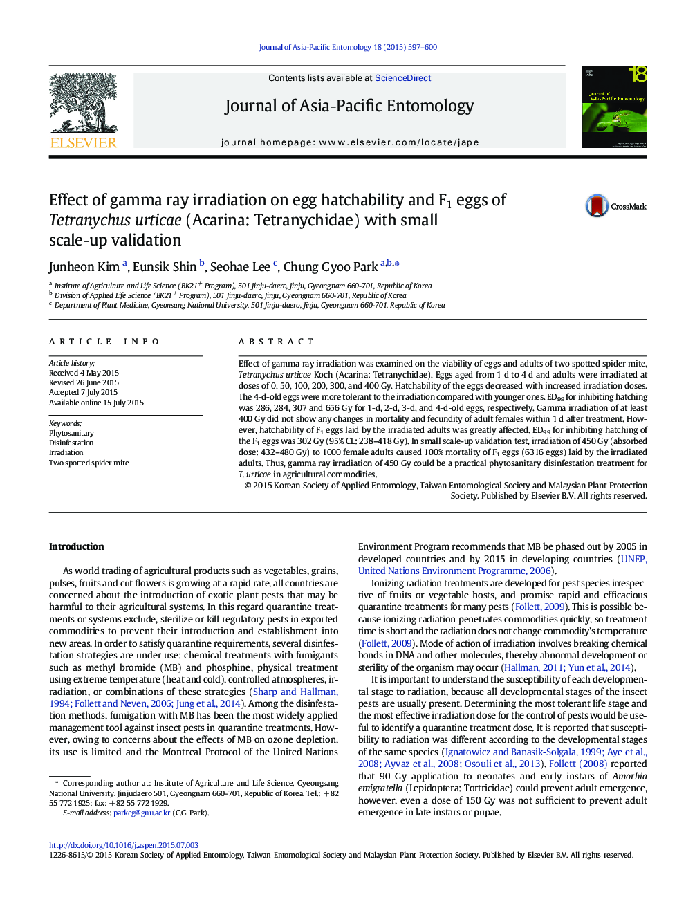 Effect of gamma ray irradiation on egg hatchability and F1 eggs of Tetranychus urticae (Acarina: Tetranychidae) with small scale-up validation