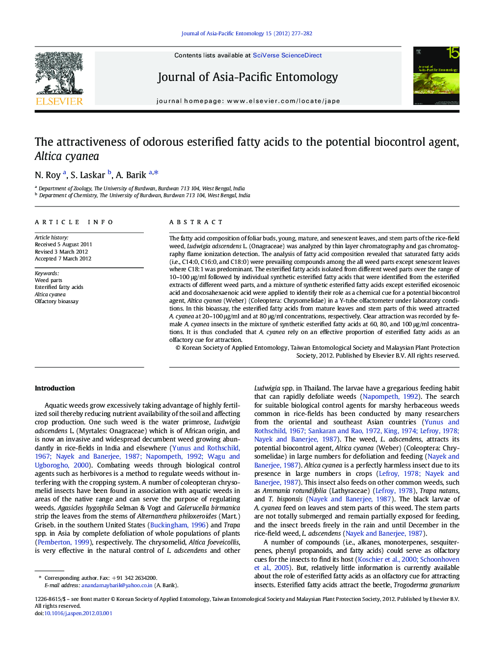 The attractiveness of odorous esterified fatty acids to the potential biocontrol agent, Altica cyanea