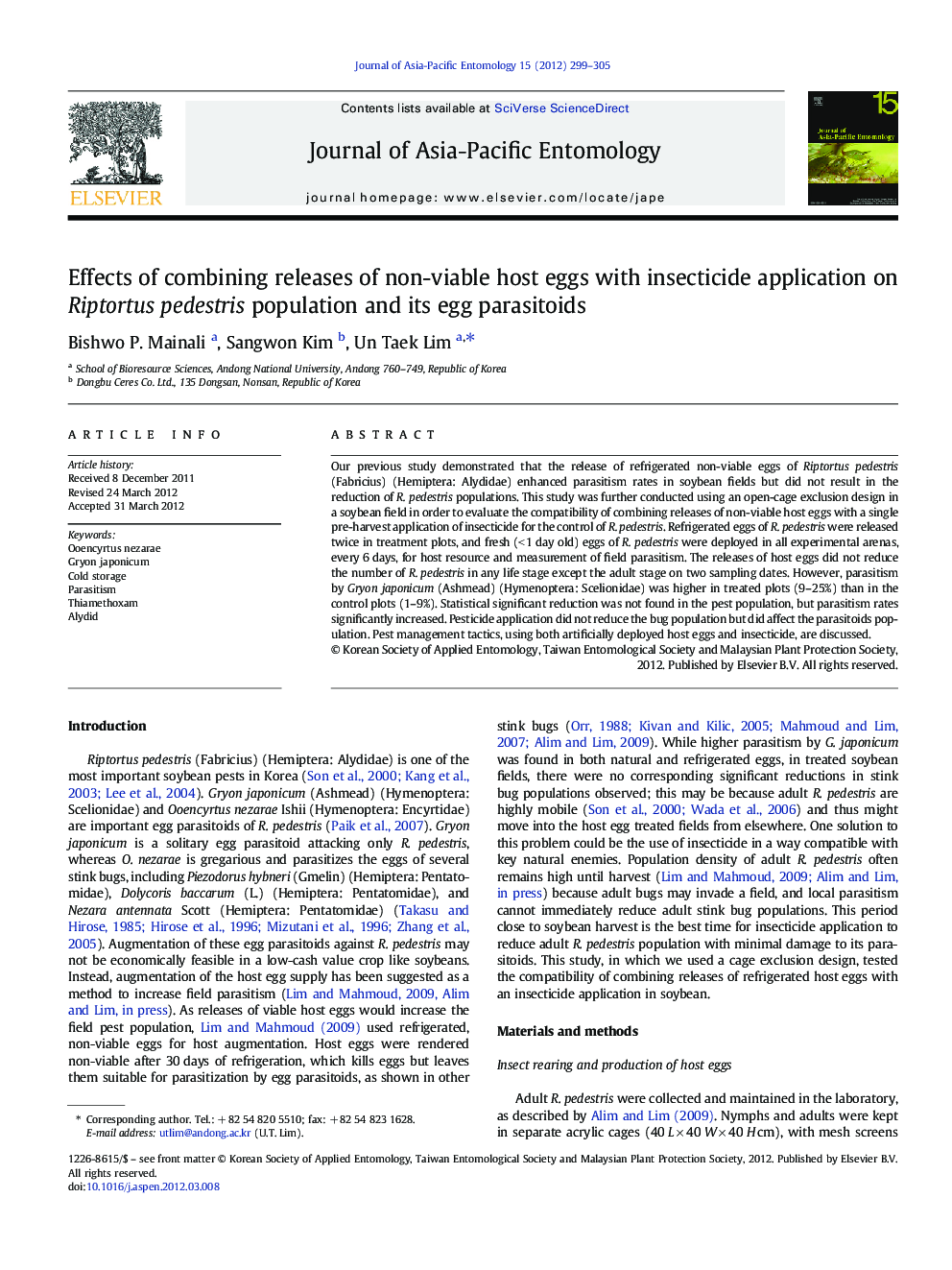 Effects of combining releases of non-viable host eggs with insecticide application on Riptortus pedestris population and its egg parasitoids