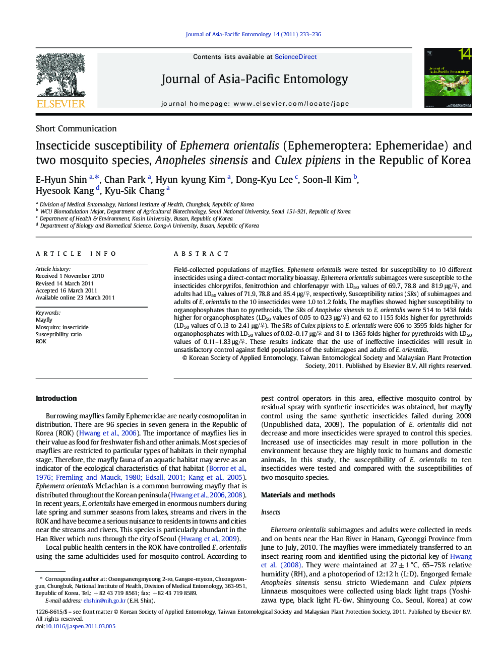 Insecticide susceptibility of Ephemera orientalis (Ephemeroptera: Ephemeridae) and two mosquito species, Anopheles sinensis and Culex pipiens in the Republic of Korea