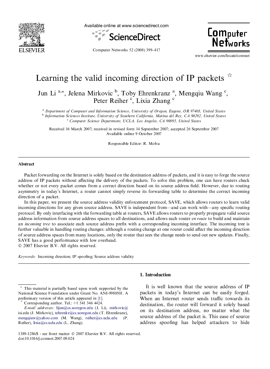 Learning the valid incoming direction of IP packets 