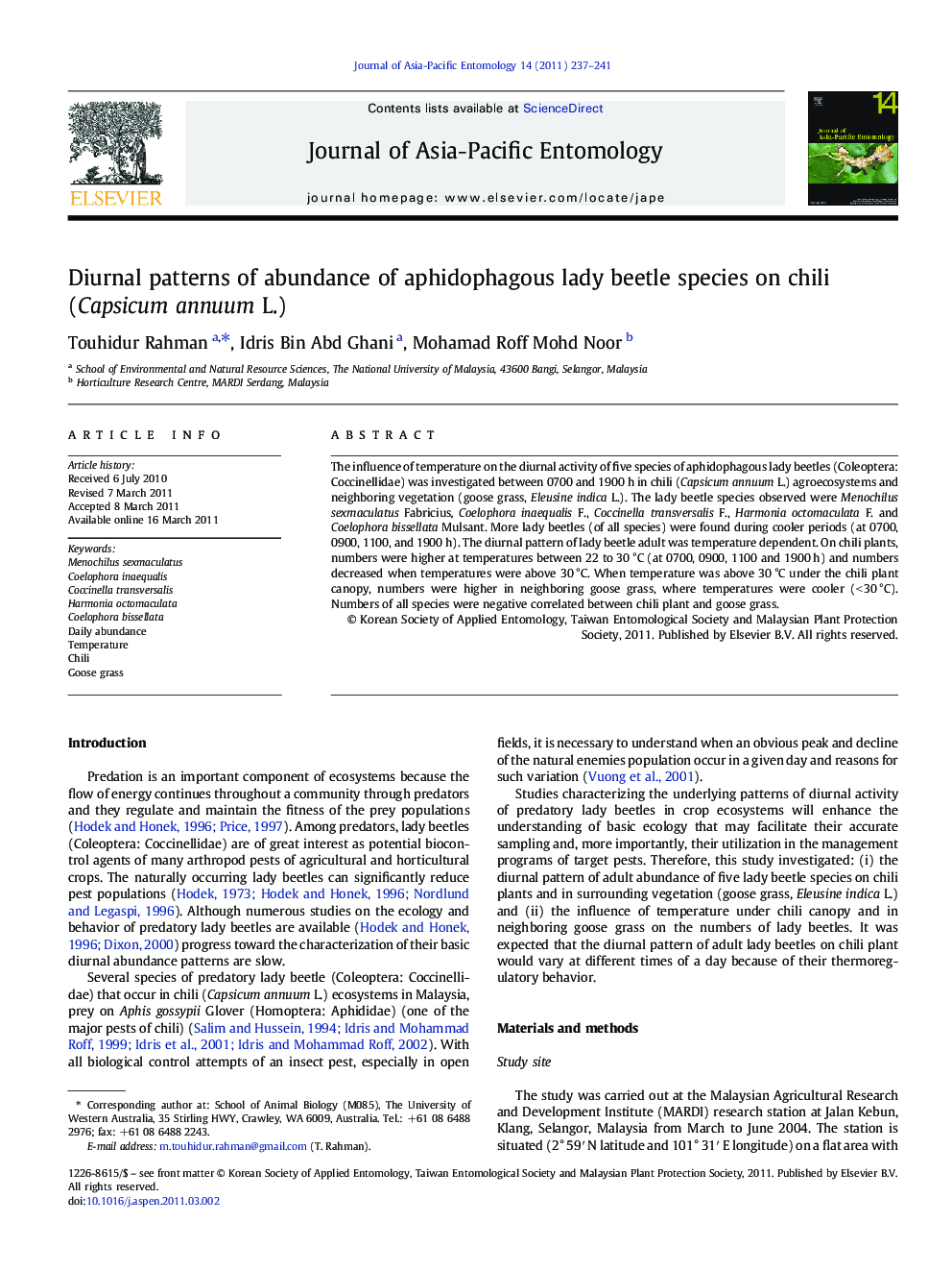 Diurnal patterns of abundance of aphidophagous lady beetle species on chili (Capsicum annuum L.)