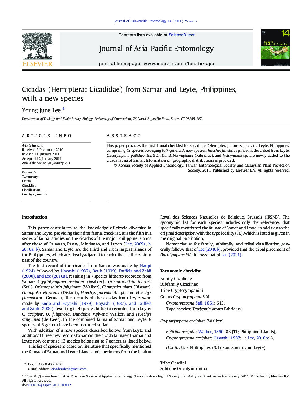 عکس صفحه اول مقاله: Cicadas (Hemiptera: Cicadidae) from Samar and Leyte, Philippines, with a new species Cicadas (Hemiptera: Cicadidae) from Samar and Leyte, Philippines, with a new species