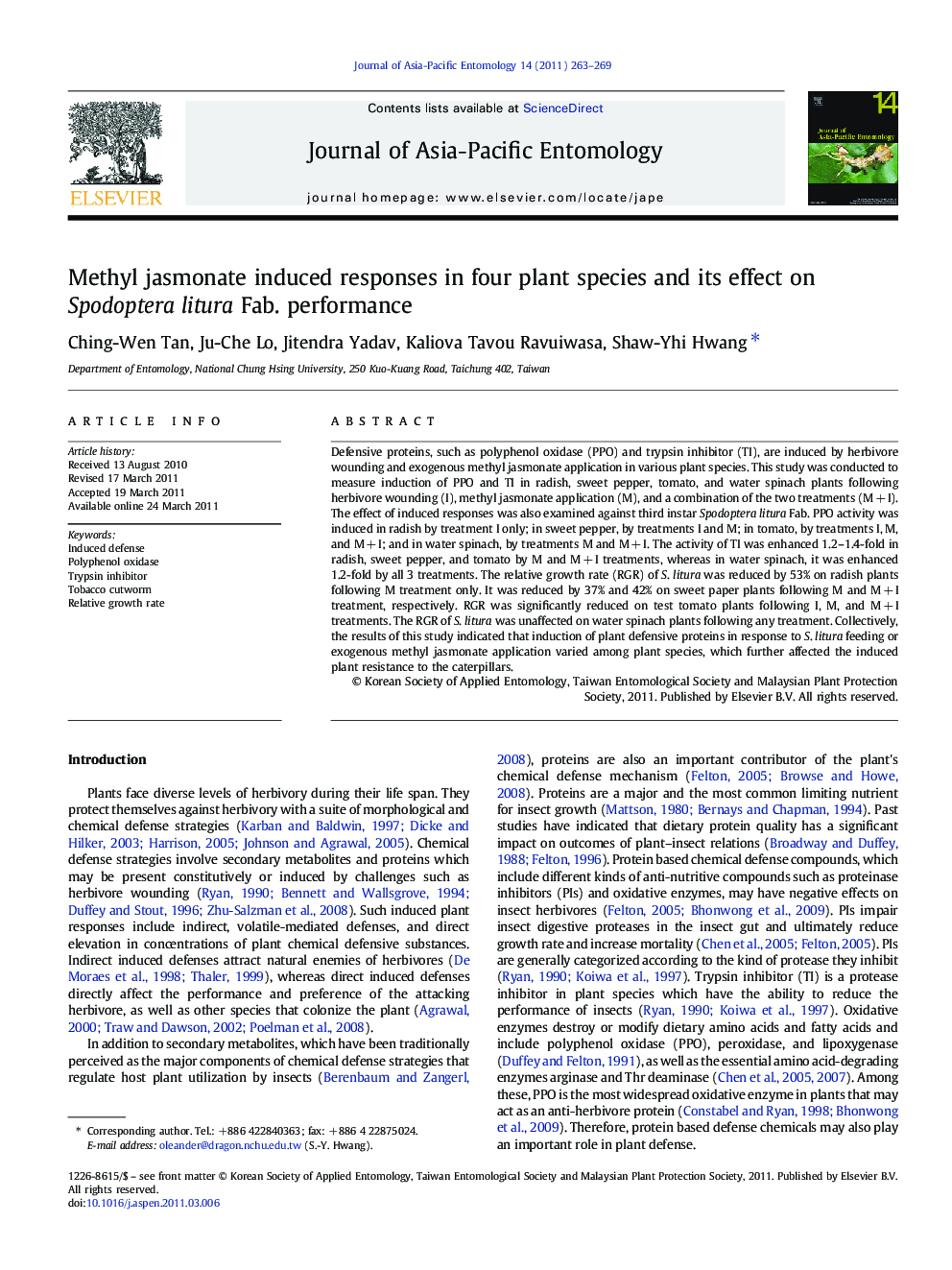 Methyl jasmonate induced responses in four plant species and its effect on Spodoptera litura Fab. performance