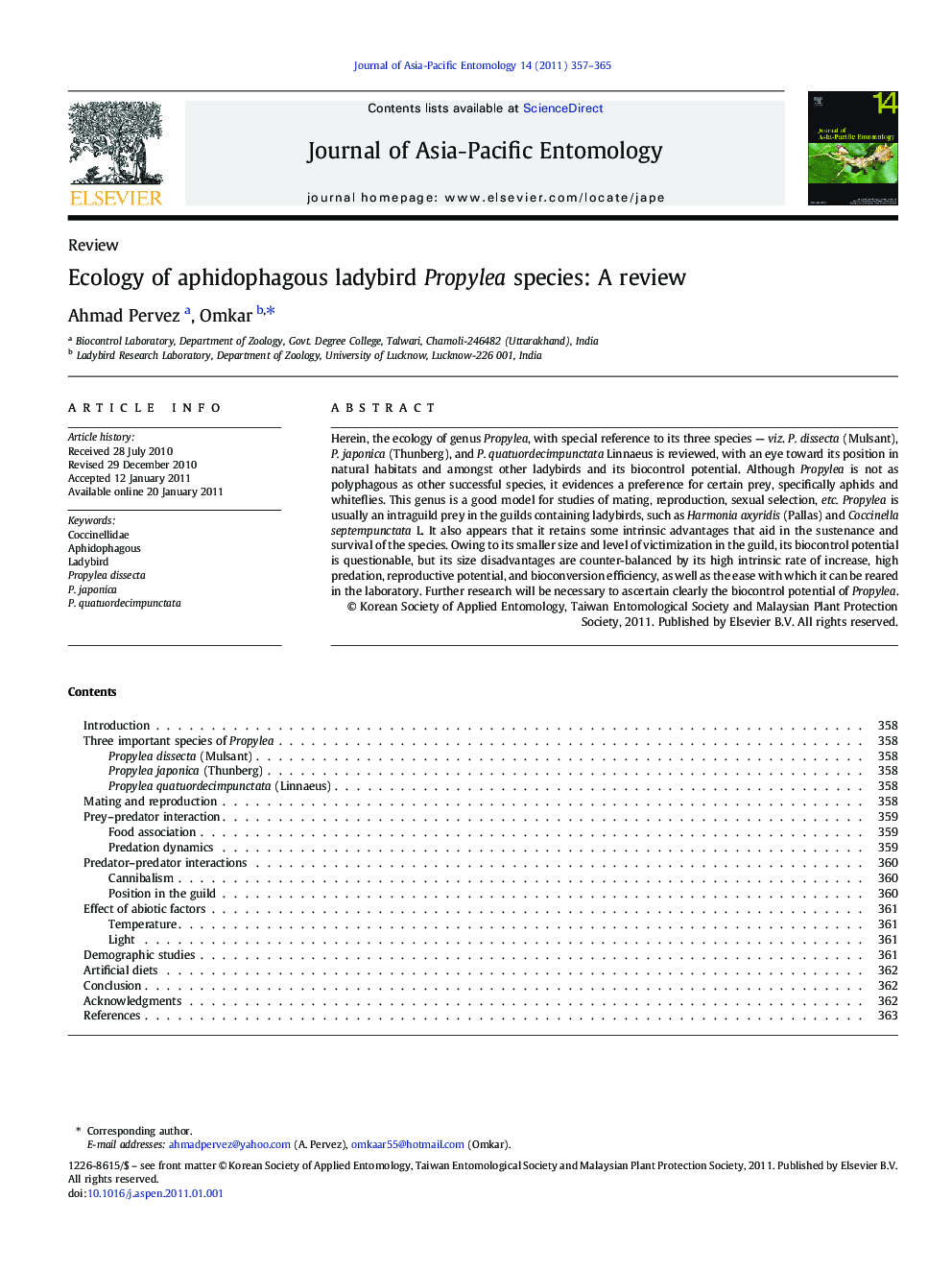 Ecology of aphidophagous ladybird Propylea species: A review