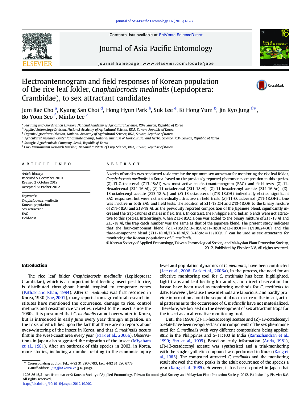 Electroantennogram and field responses of Korean population of the rice leaf folder, Cnaphalocrocis medinalis (Lepidoptera: Crambidae), to sex attractant candidates